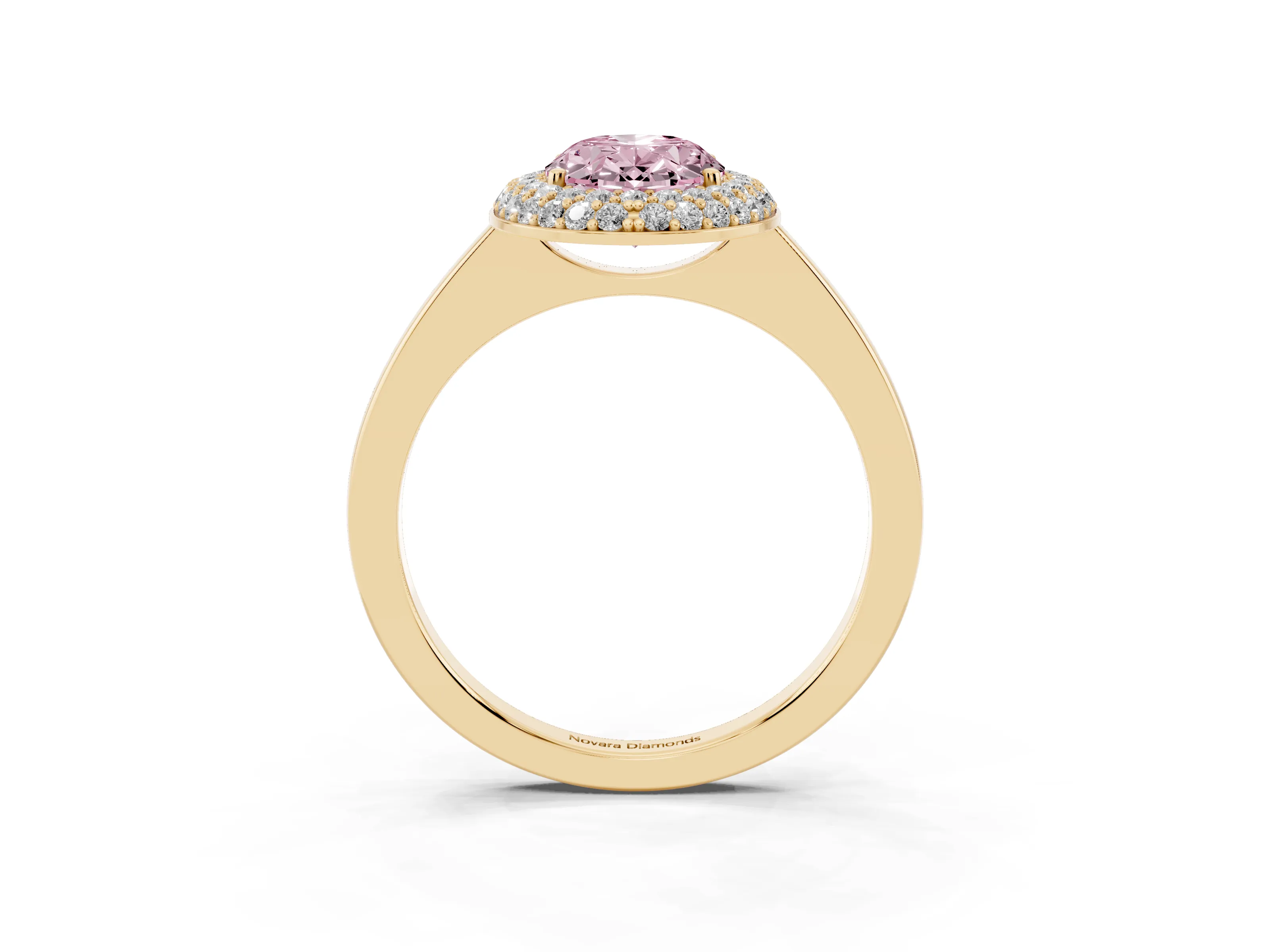 Fancy Pink Oval Cut Diamond Halo Engagement Ring Set in Yellow gold with Solitaire Band and Prong Setting