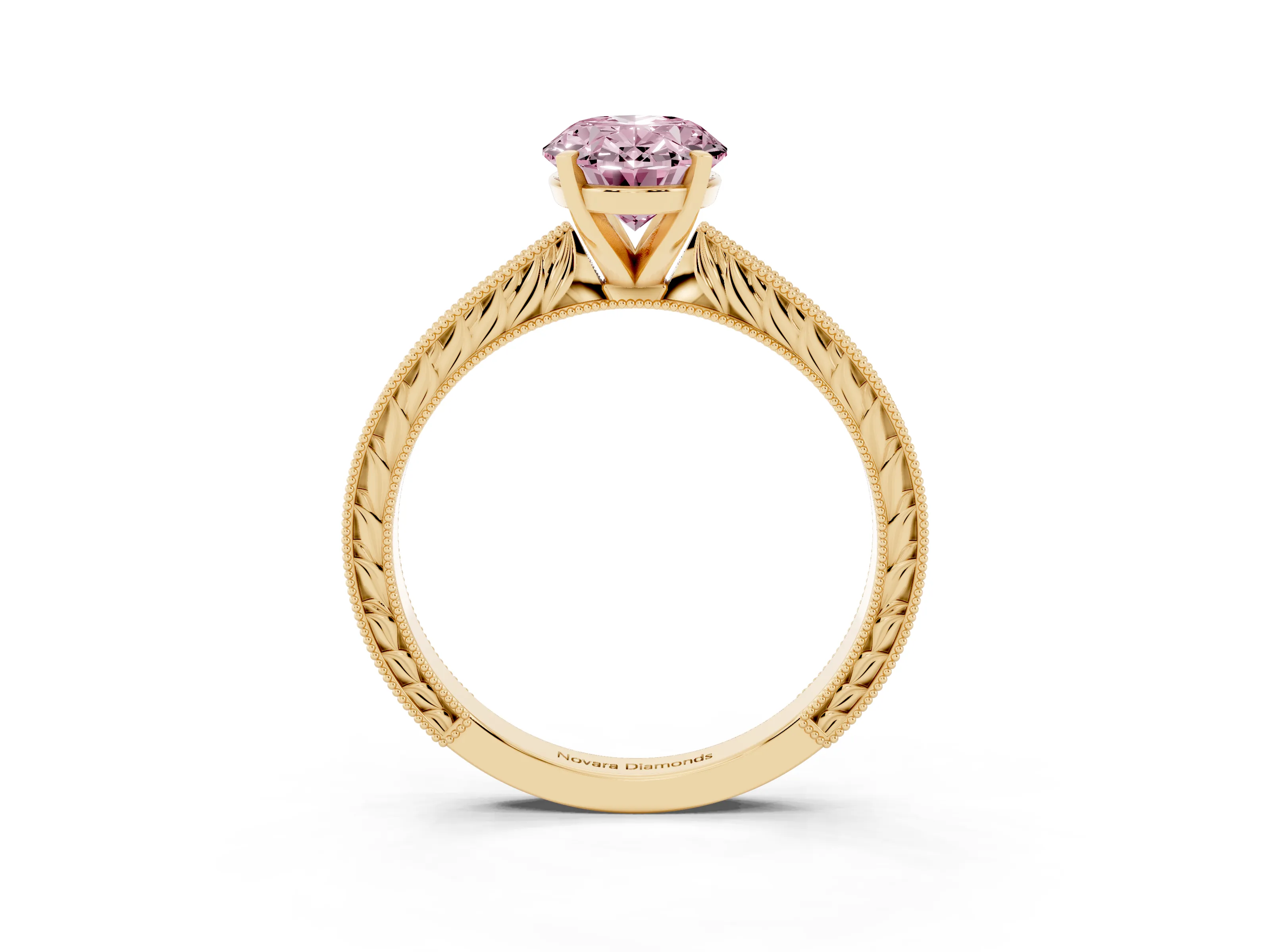 Fancy Pink Oval Cut Diamond Solitaire Milgrain Engraved Band Set in Yellow gold with Prong Setting