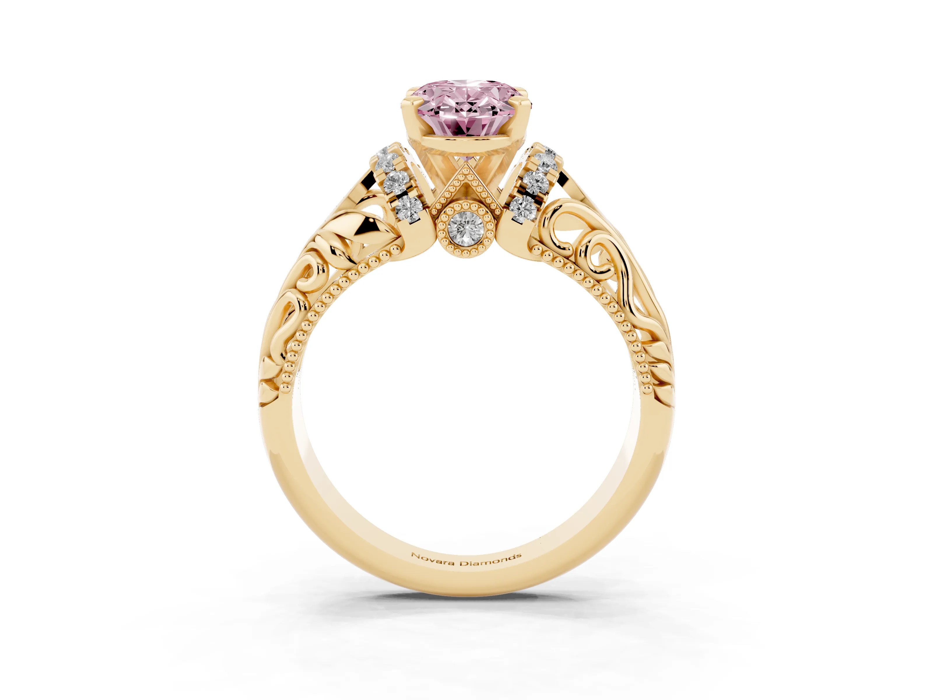 Fancy Pink Oval Cut Diamond Filigree Halo Engagement Ring Set in Yellow gold with Prong Setting