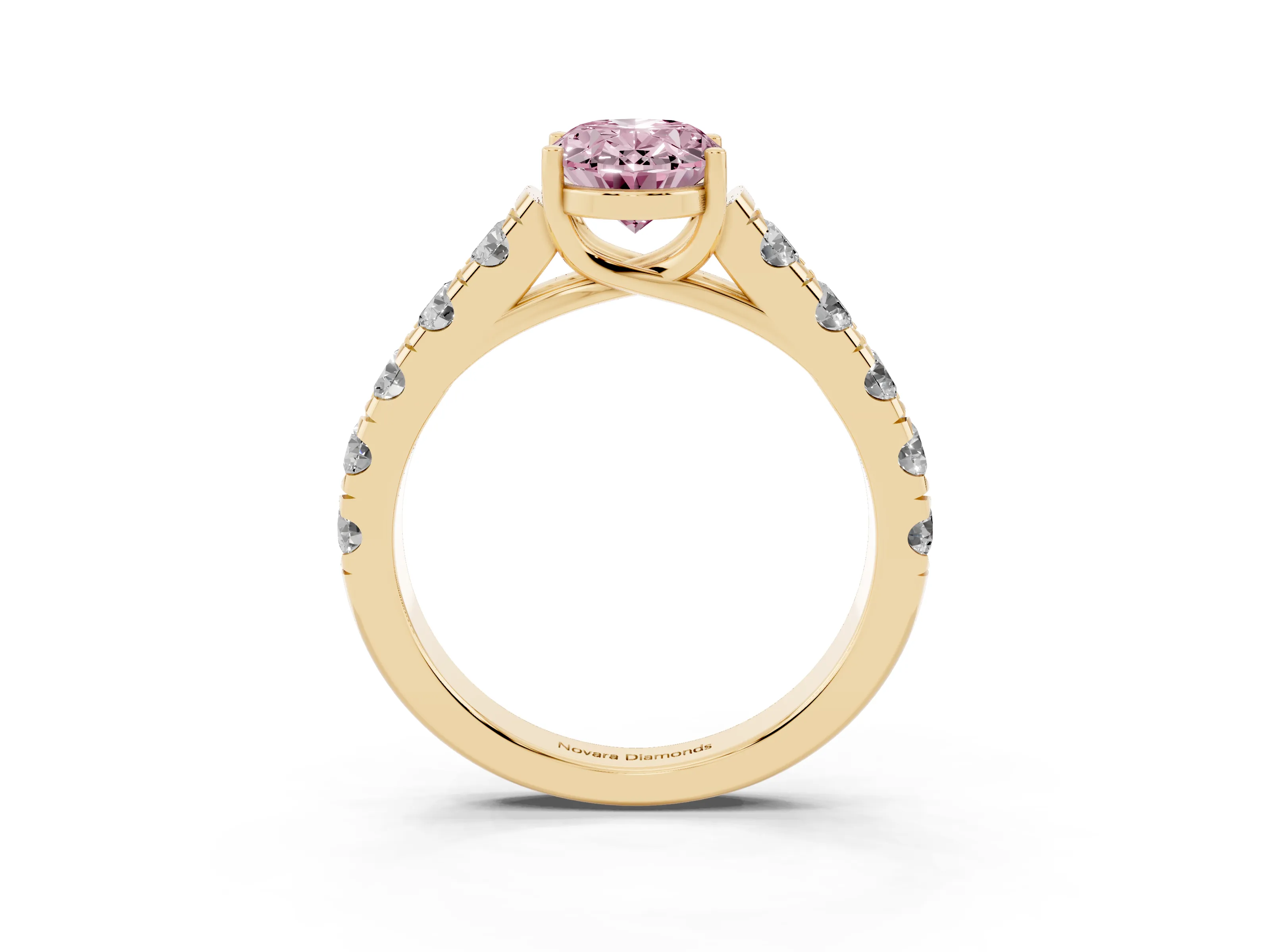 Fancy Pink Oval Cut Diamond Solitaire Ring Set in Yellow gold with Cut-Down Micro Pavé Band and Prong Setting