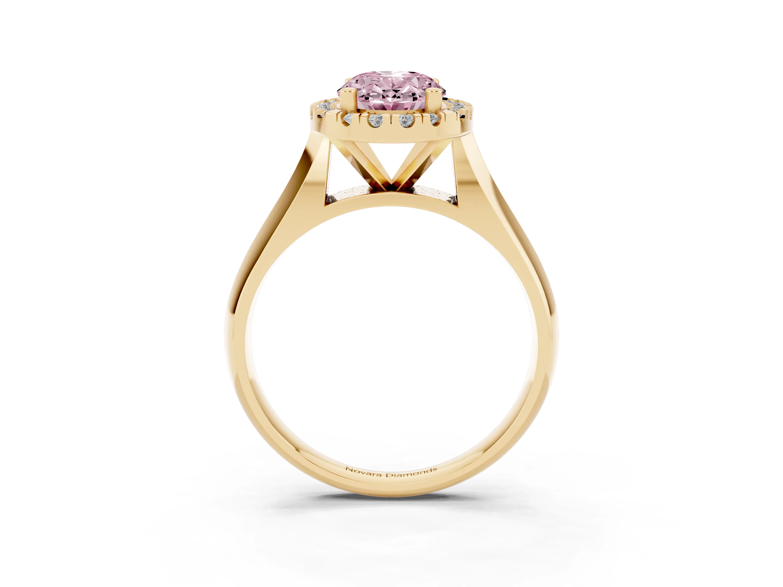 Fancy Pink Oval Cut Diamond Halo Solitaire Engagement Ring Set in Yellow gold with Square Band and Prong Setting