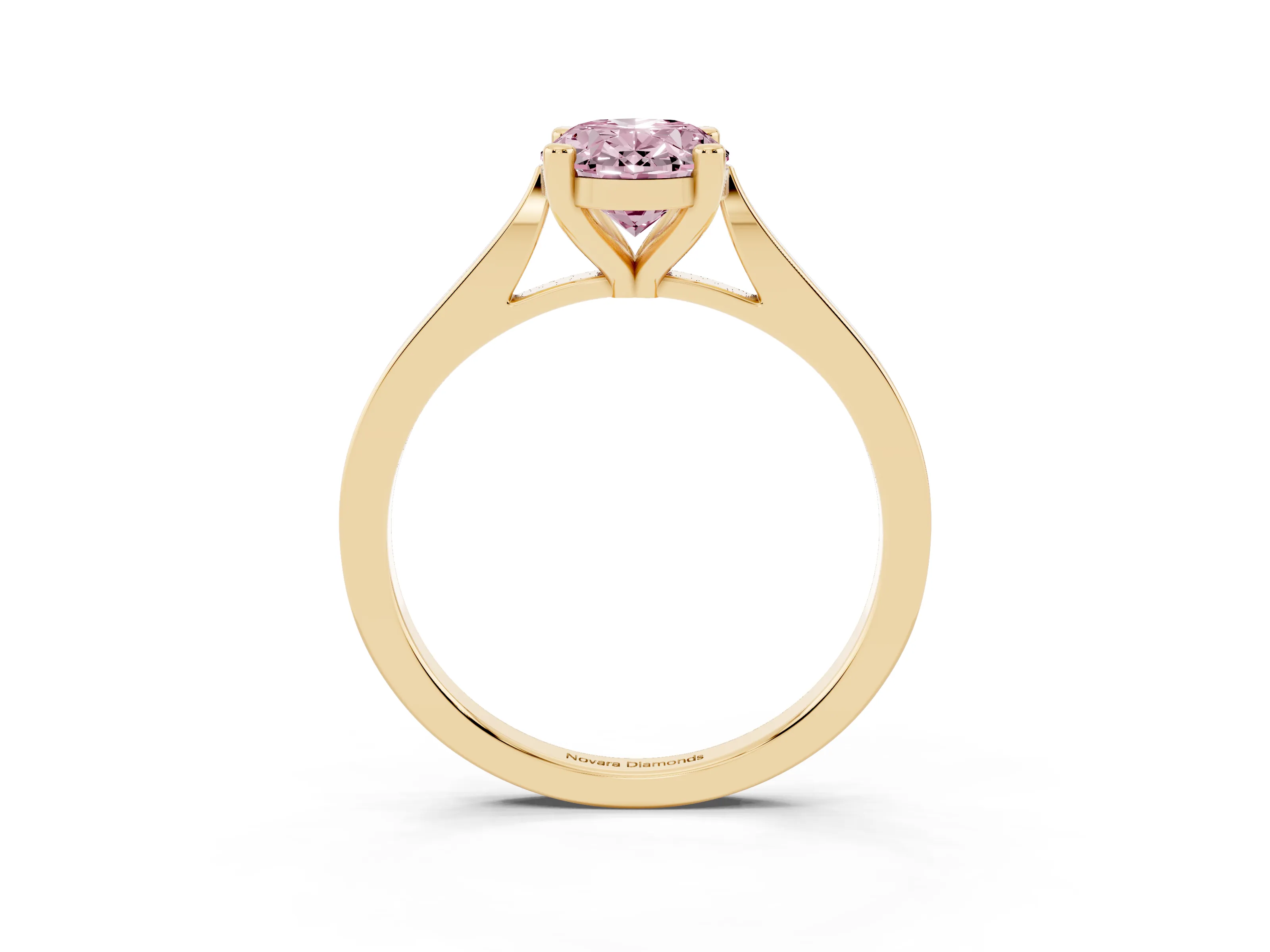 Fancy Pink Oval Cut Diamond Solitaire Ring Set in Yellow gold with Prong Setting and Tapered Band