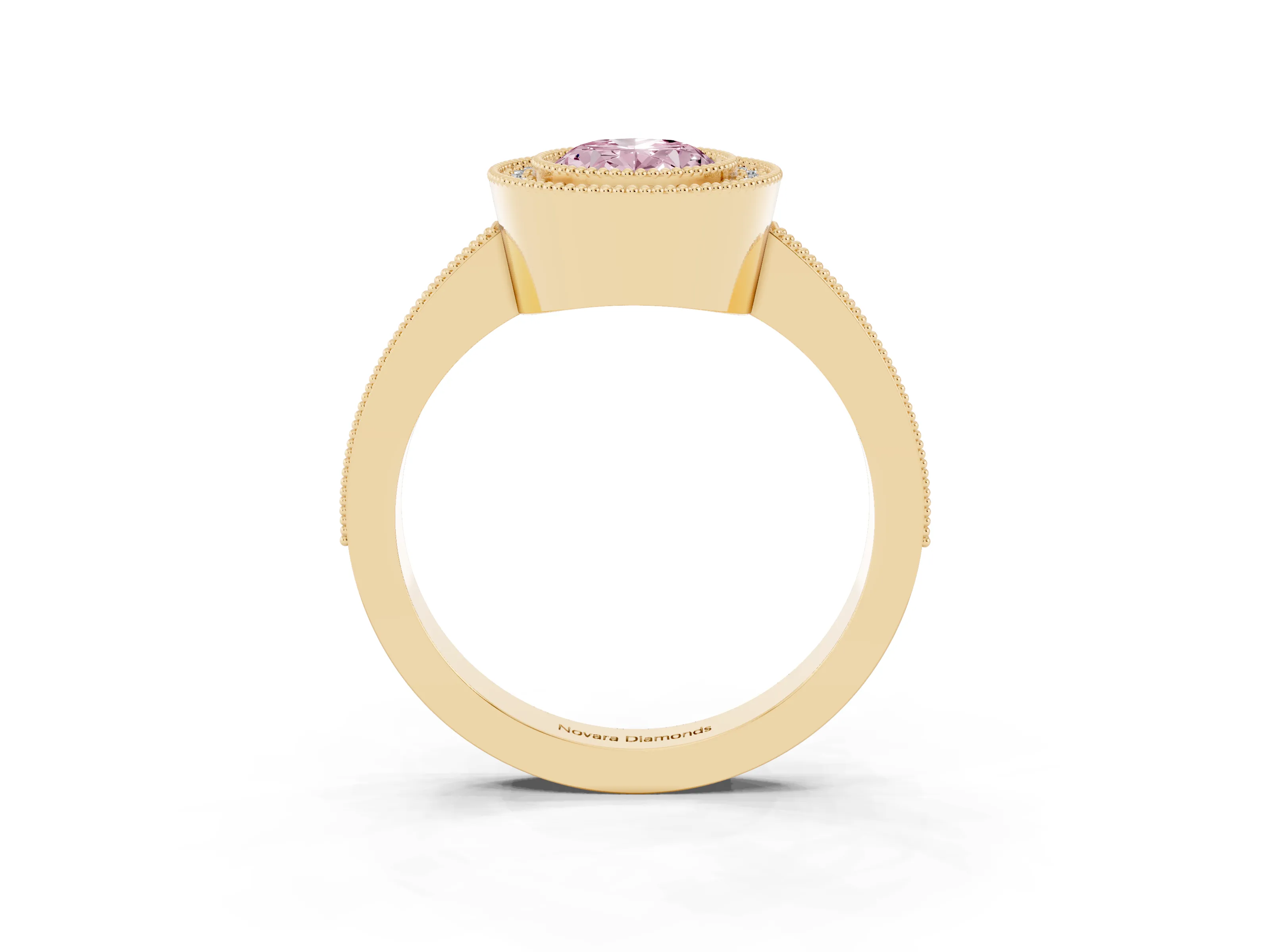 Fancy Pink Oval Cut Diamond Halo Engagement Ring Set in Yellow gold with Pavé Band and Round Halo Stones
