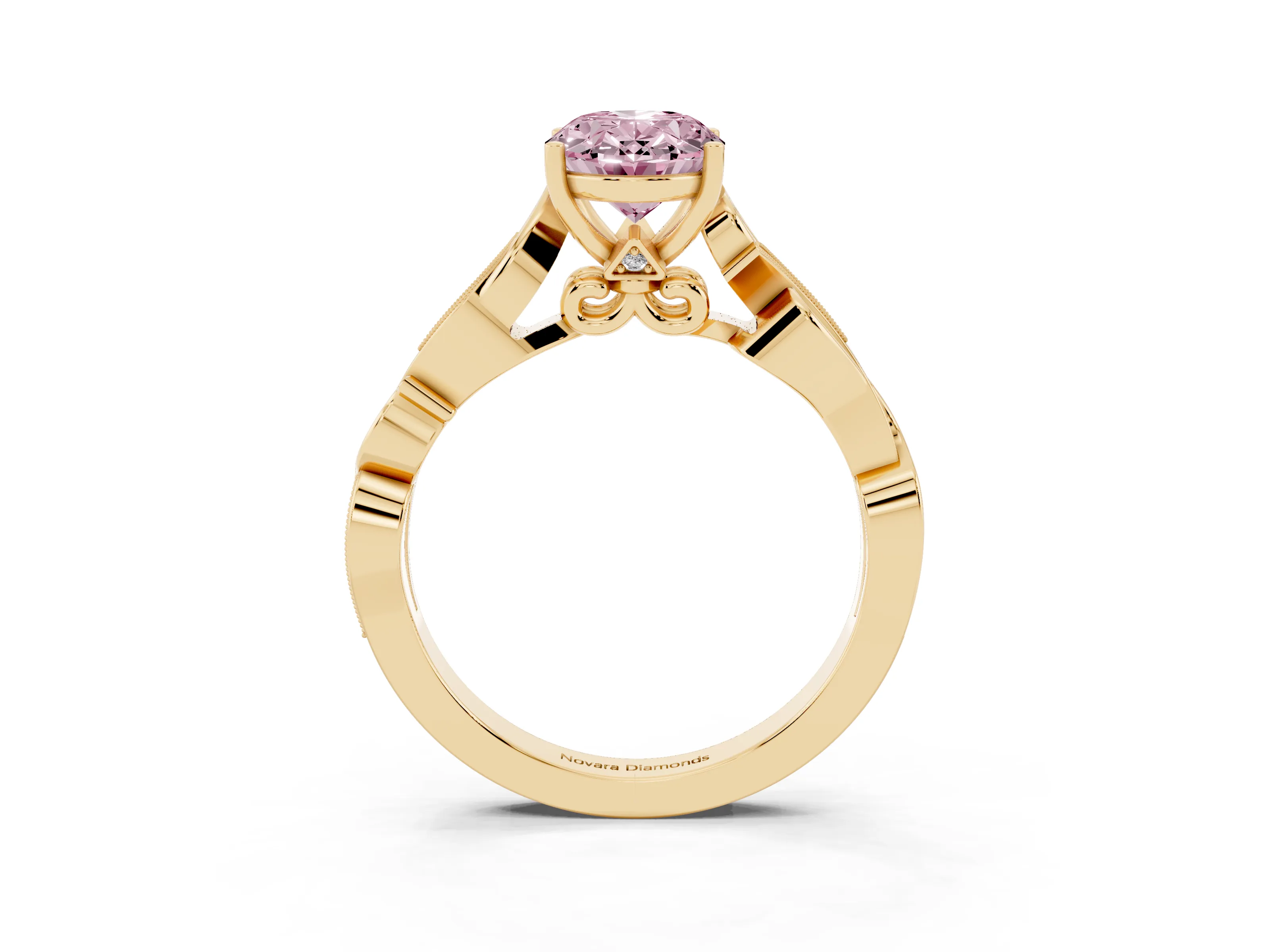 Fancy Pink Oval Cut Diamond Vine Band Solitaire Ring Set in Yellow gold with Milgrain Prong Setting