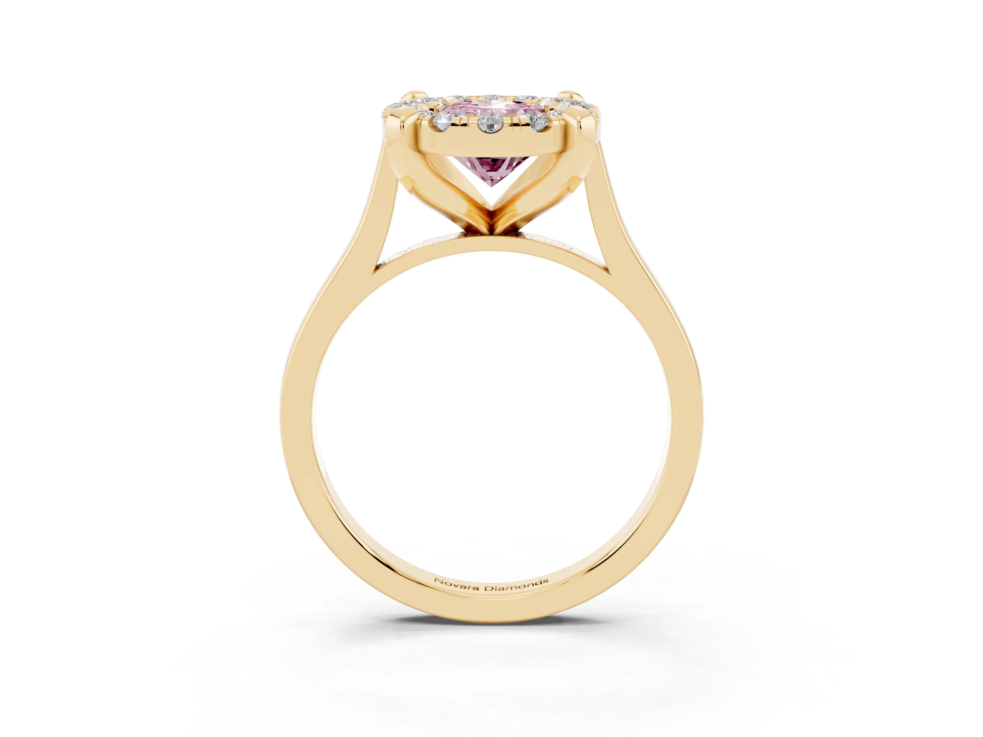 Fancy Pink Oval Cut Diamond Cluster Halo Solitaire Ring Set in Yellow gold with Prong Setting