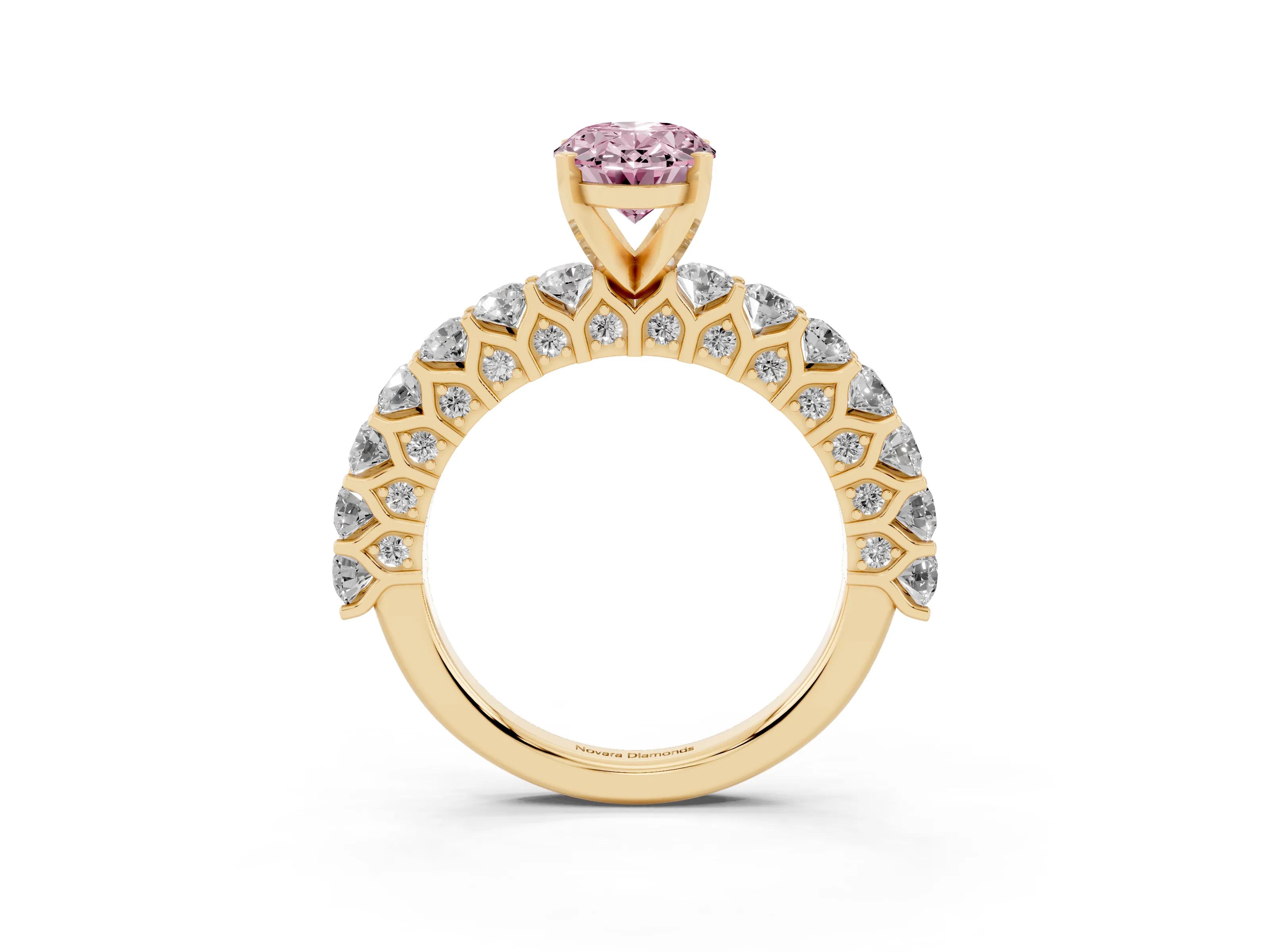 Fancy Pink Oval Cut Diamond Solitaire Ring Set in Yellow gold with Shared Prong Pavé Band