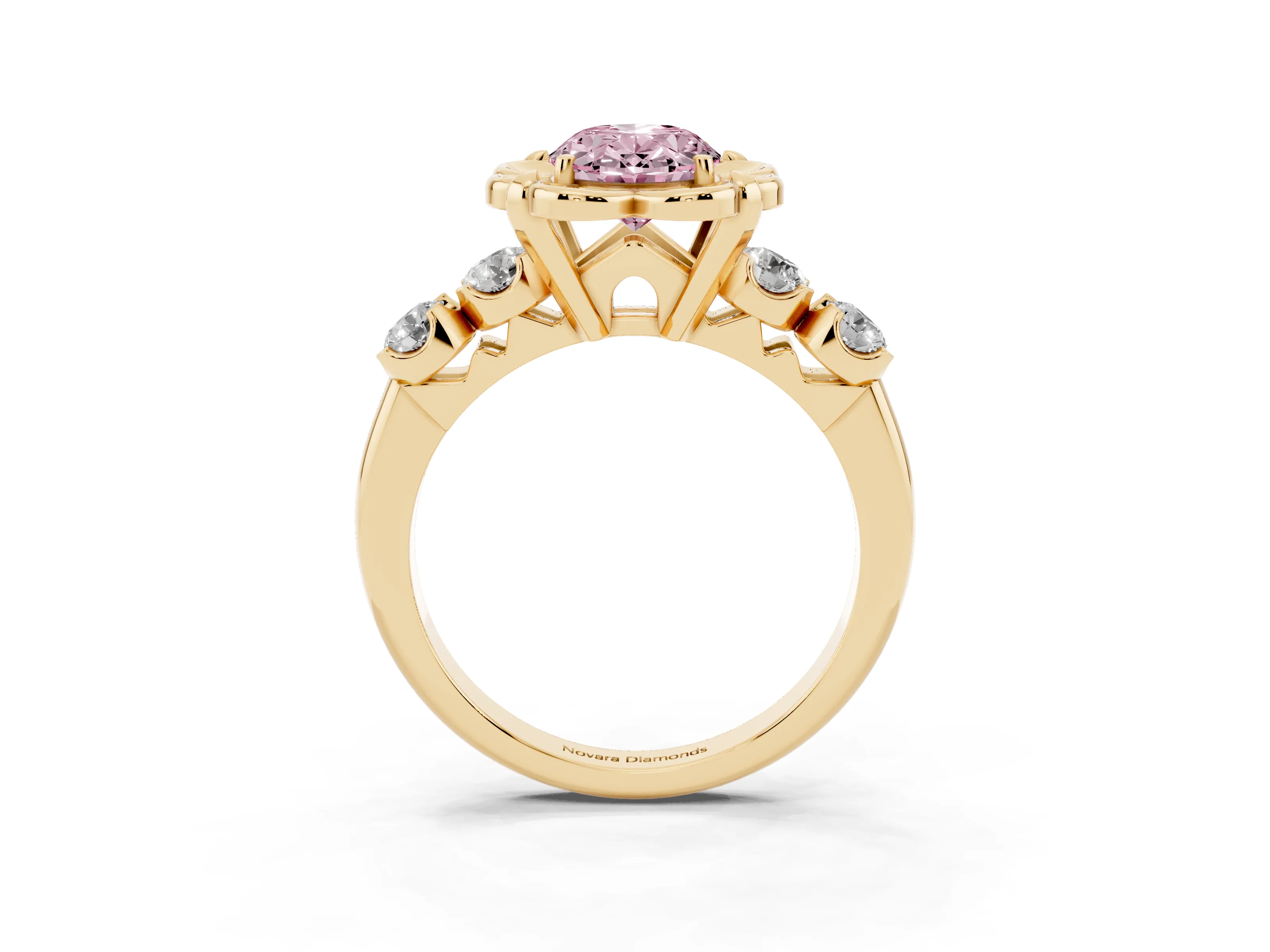 Fancy Pink Oval Cut Diamond Floral Halo Ring Set in Yellow gold with Shared Prong Band