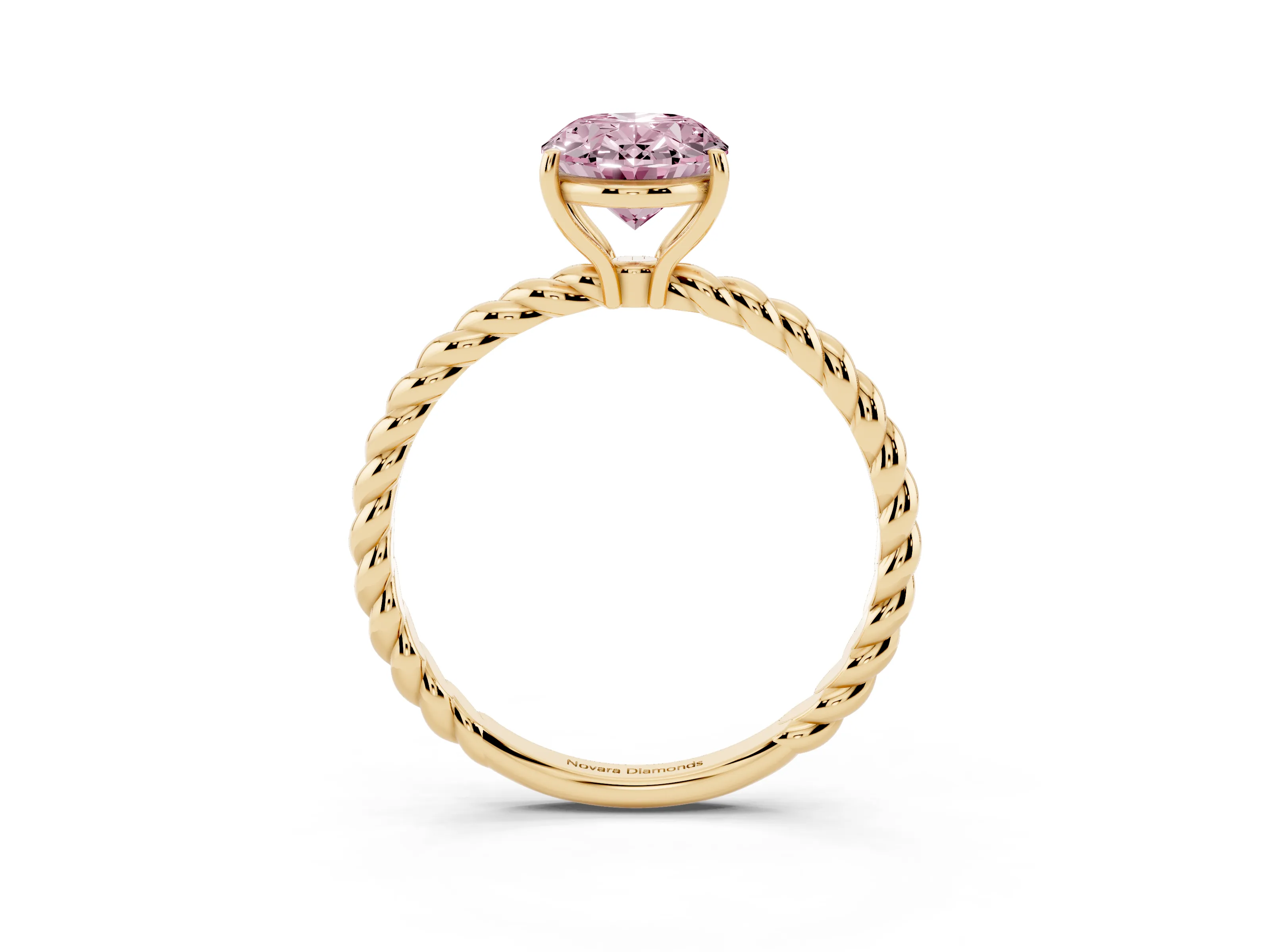 Fancy Pink Oval Cut Diamond Solitaire Ring Set in Yellow gold with Twist Band and Prong Setting