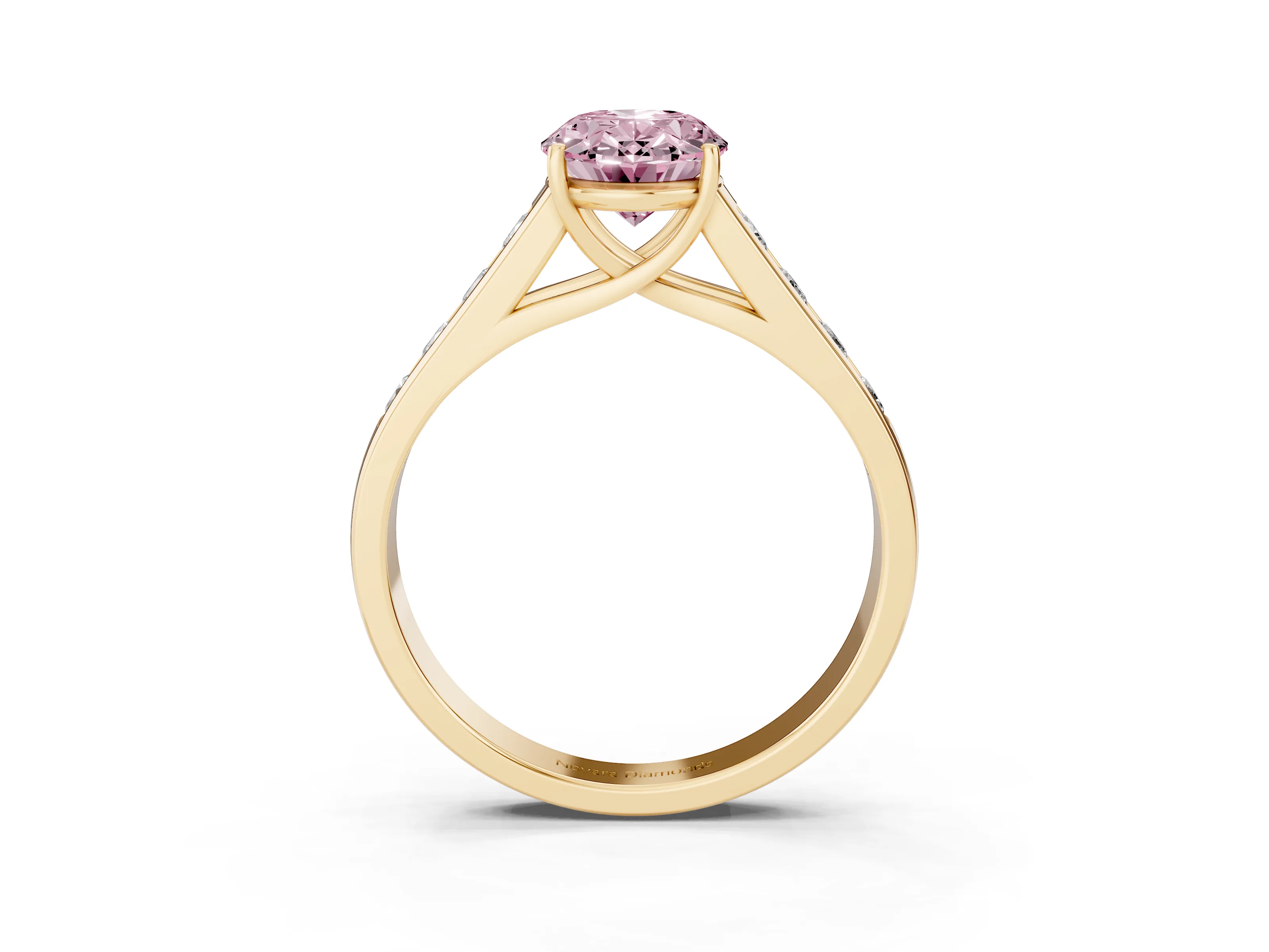 Fancy Pink Oval Cut Diamond Solitaire Channel-Set Engagement Ring Set in Yellow gold with Prong Setting