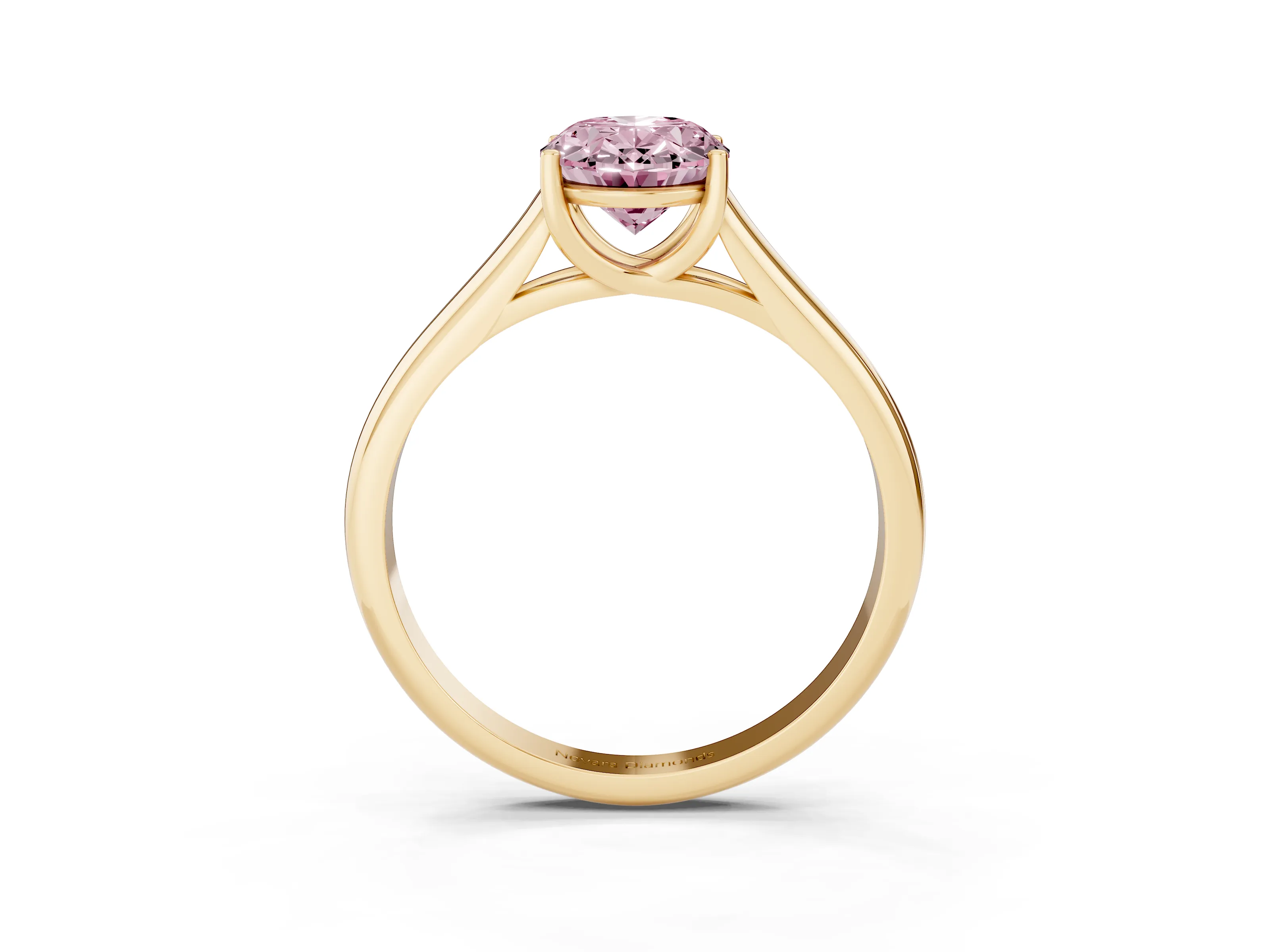 Fancy Pink Oval Cut Diamond Solitaire Engagement Ring Set in Yellow gold with Subtly Tapered Band and Prong Setting
