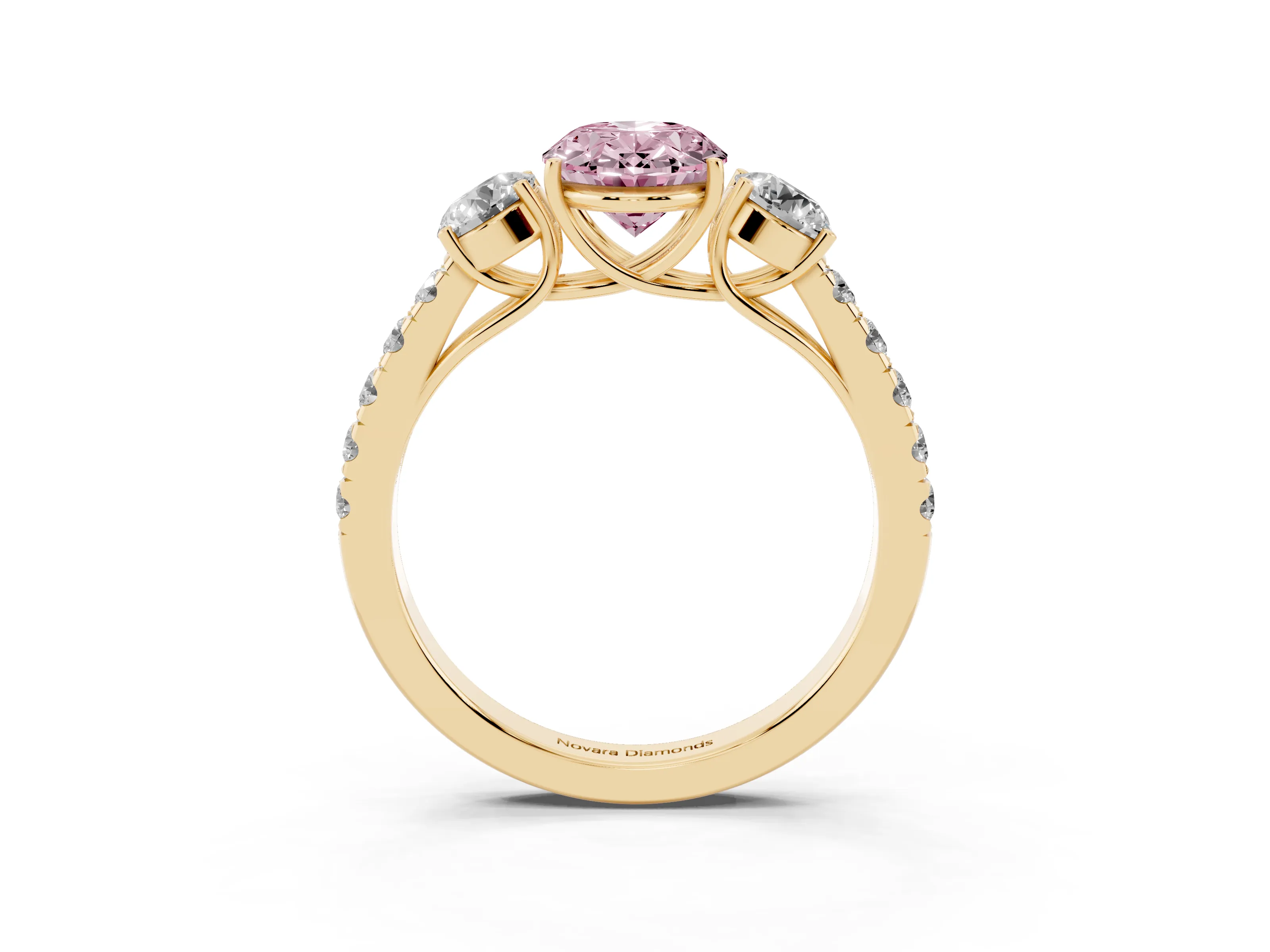Fancy Pink Oval Cut Diamond Three-Stone Ring Set in Yellow gold with Round Side Stones and Delicate Pavé Band