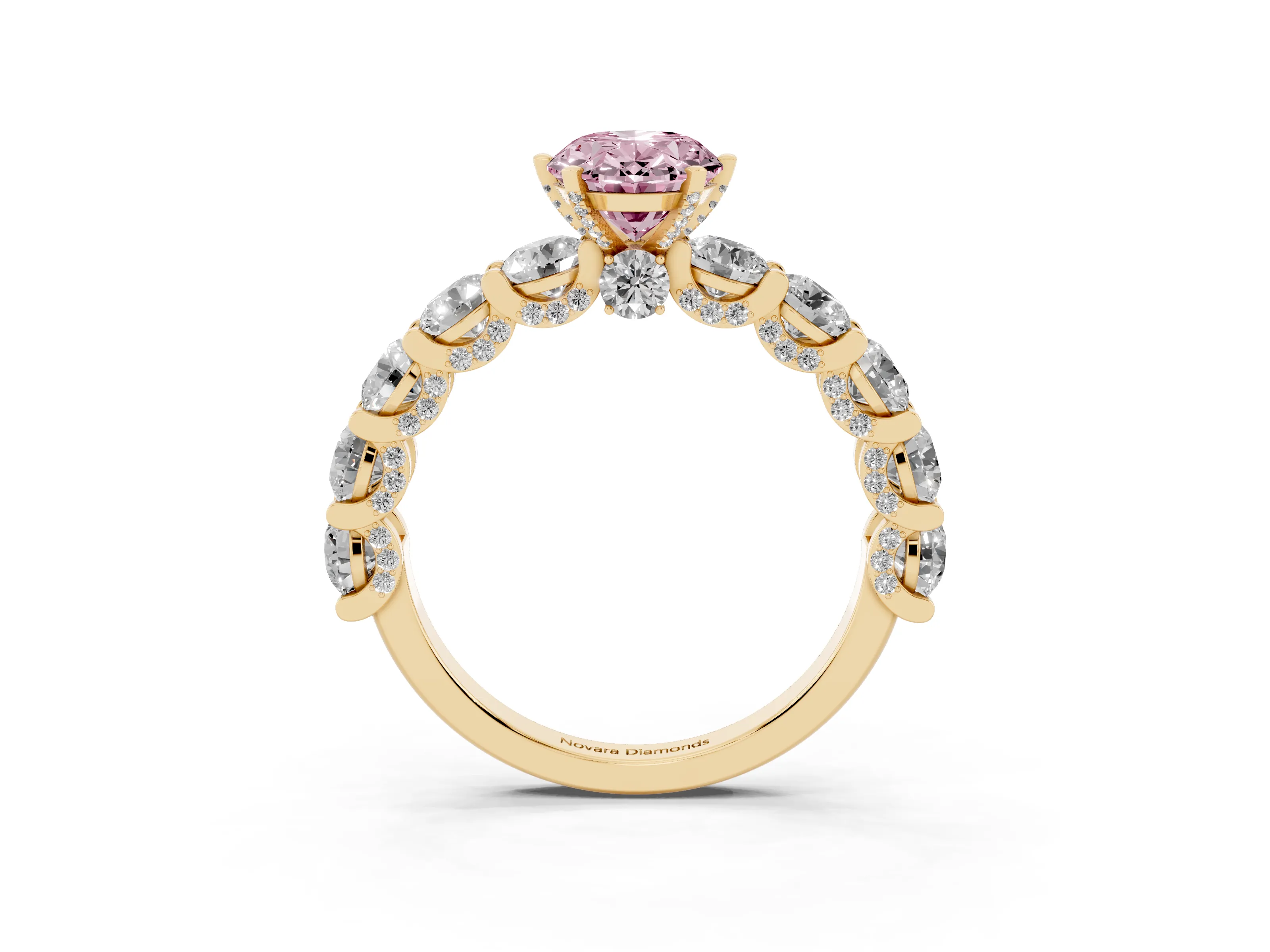 Fancy Pink Oval Cut Diamond Side Stone Ring Set in Yellow gold with Alternating Round and Oval Side Stones