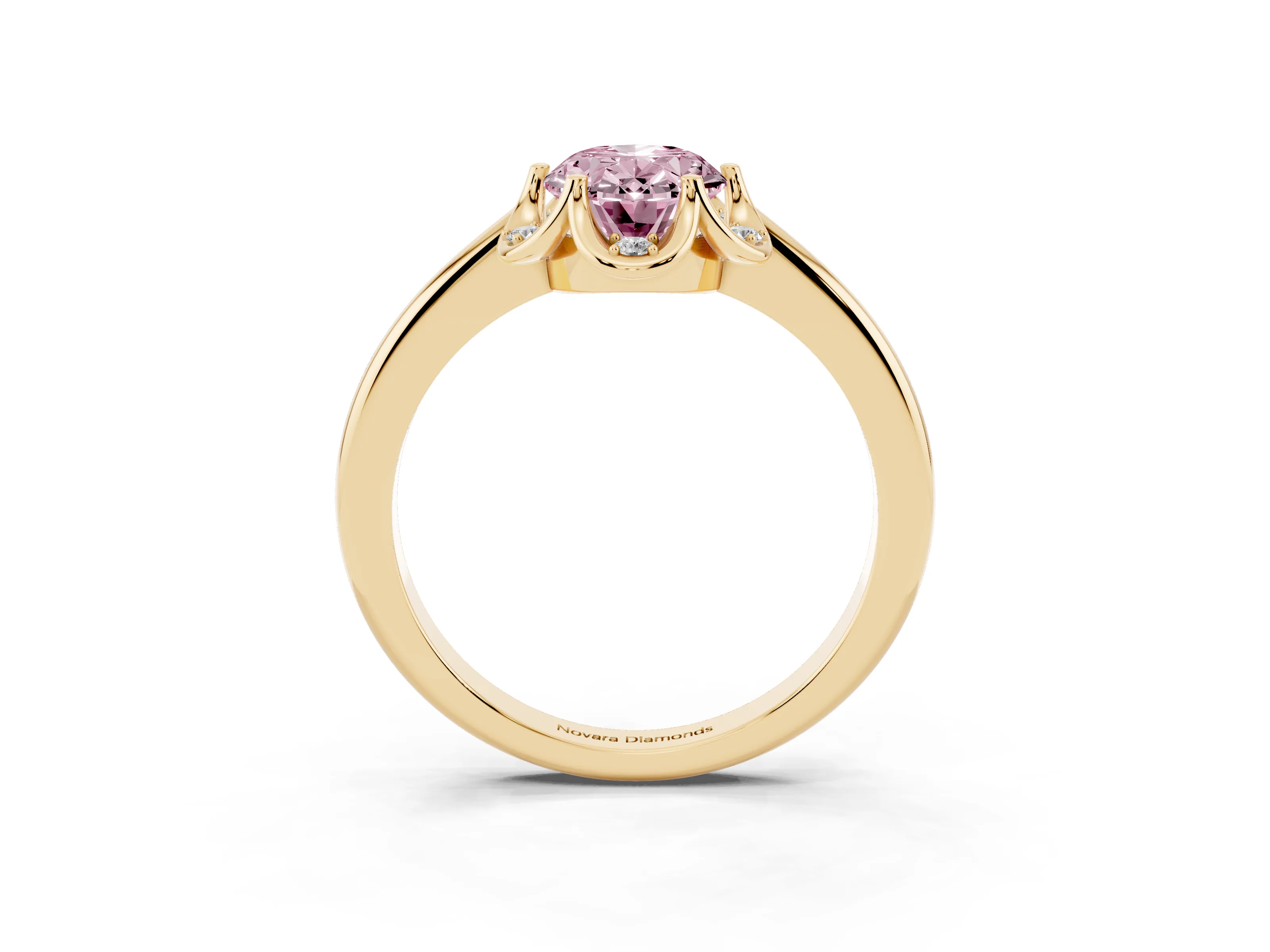 Fancy Pink Oval Cut Diamond Round Cluster Halo Ring Set in Yellow gold with Solitaire Band and Prong Setting