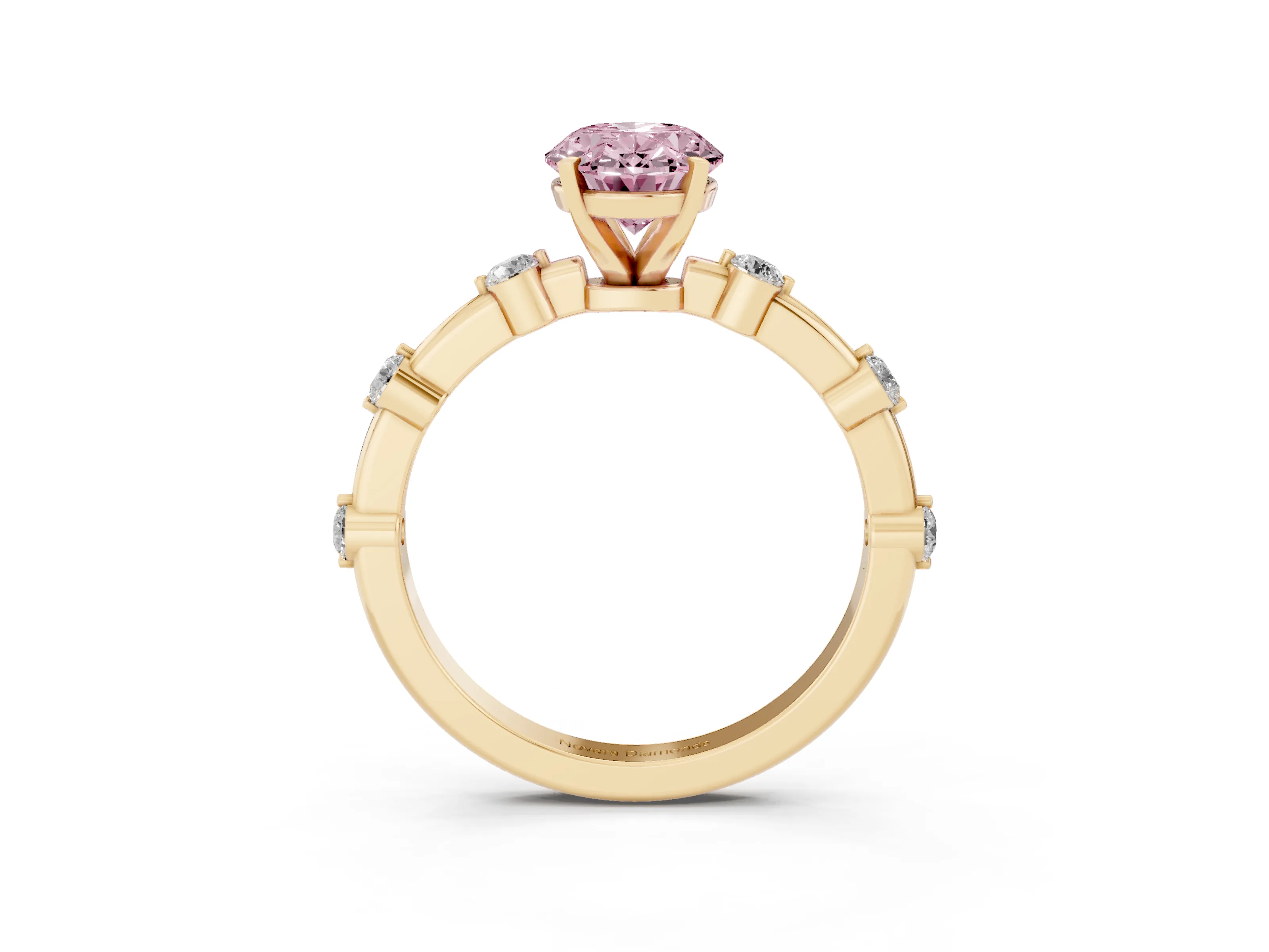 Fancy Pink Oval Cut Diamond Solitaire Ring Set in Yellow gold with Bezel Set Side Stones and Prong Setting