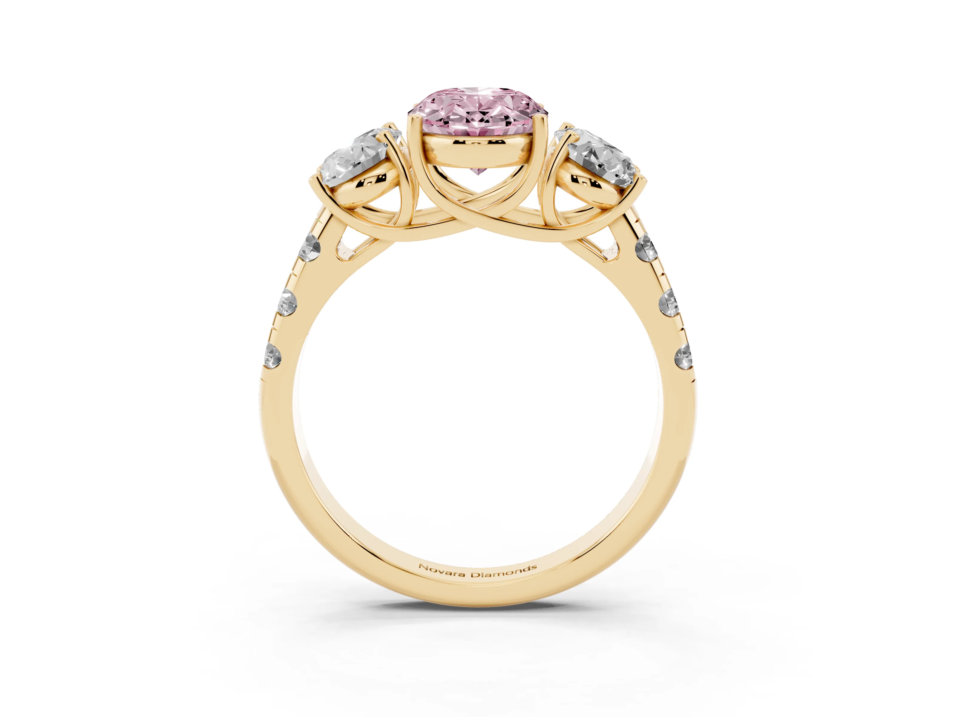 Fancy Pink Oval Cut Diamond Three-Stone Ring Set in Yellow gold with Pavé Band