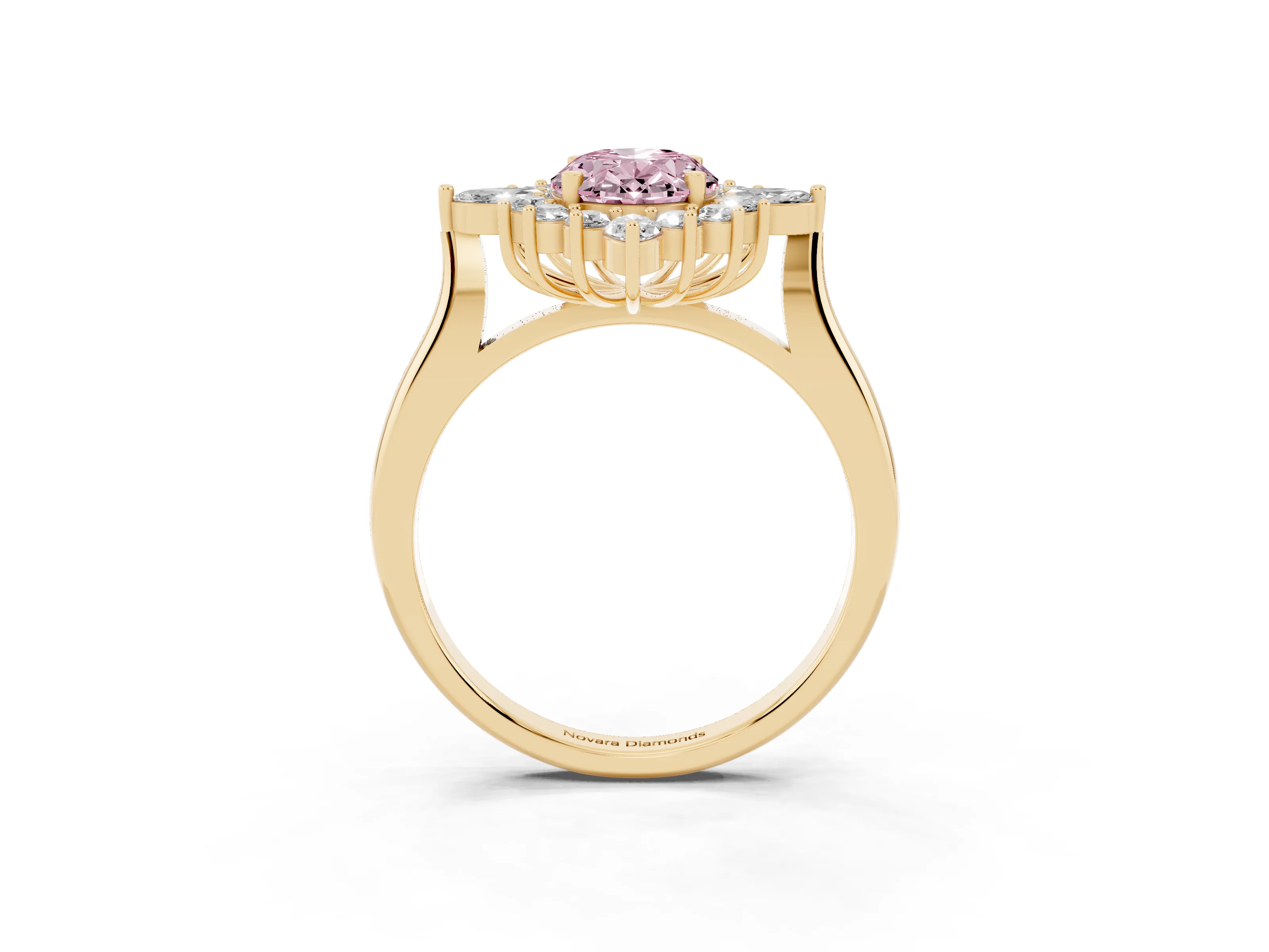 Fancy Pink Oval Cut Diamond Cluster Halo Ring Set in Yellow gold with Marquise and Round Accents