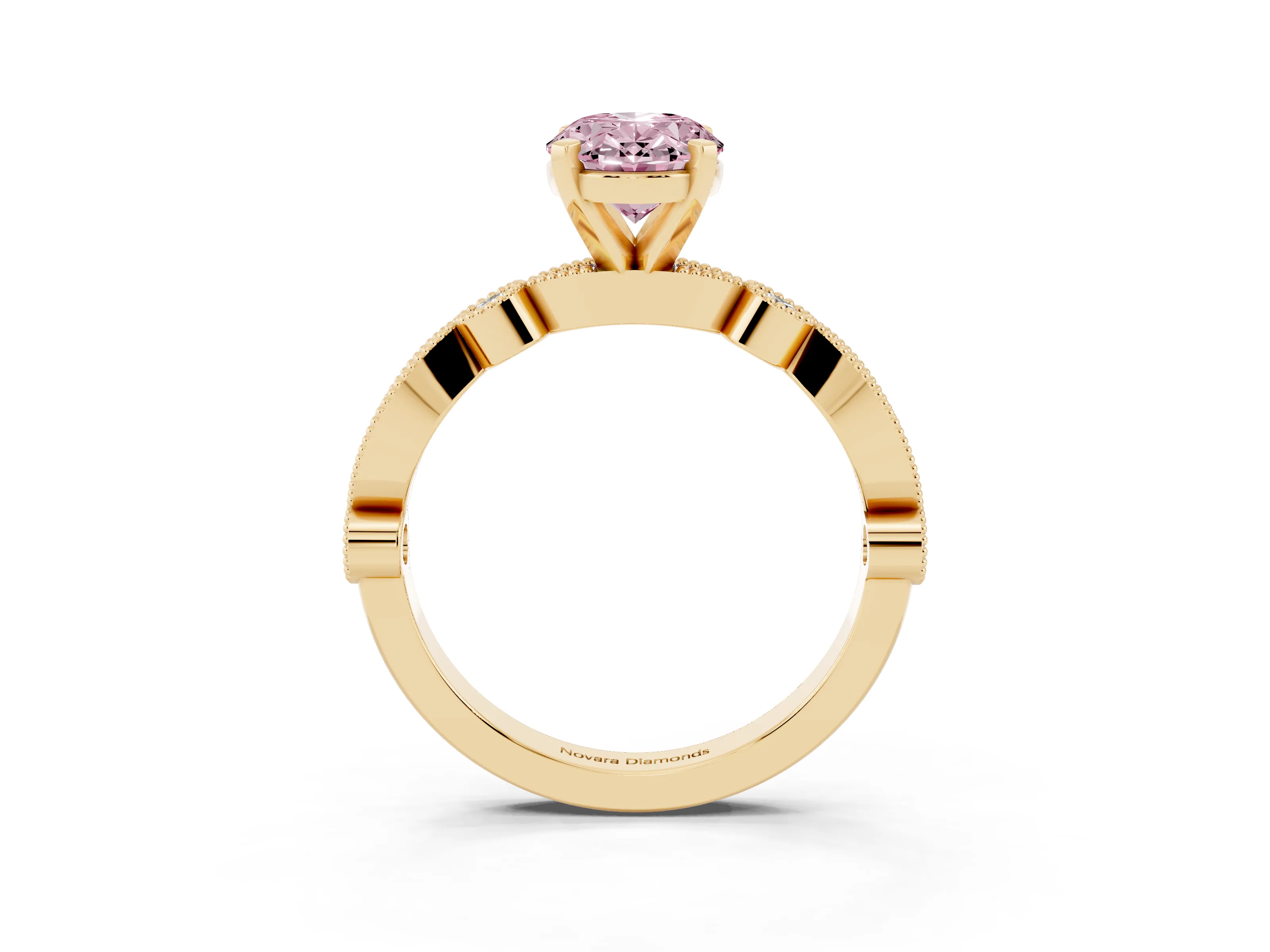 Fancy Pink Oval Cut Diamond Solitaire Engagement Ring Set in Yellow gold with Milgrain Bezel Accent Band
