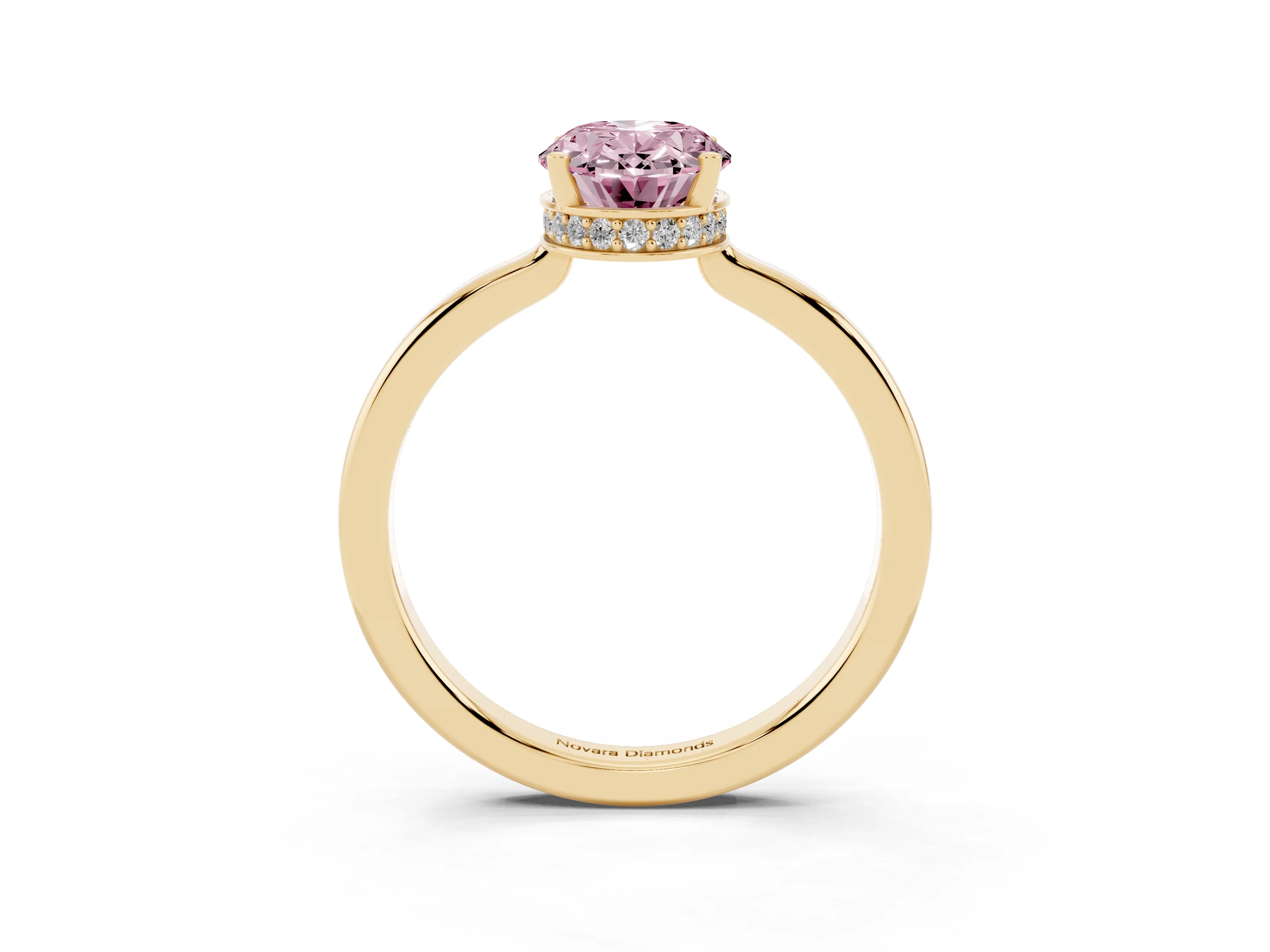 Fancy Pink Oval Cut Diamond Solitaire Engagement Ring Set in Yellow gold with Prong Setting on a Plain Band