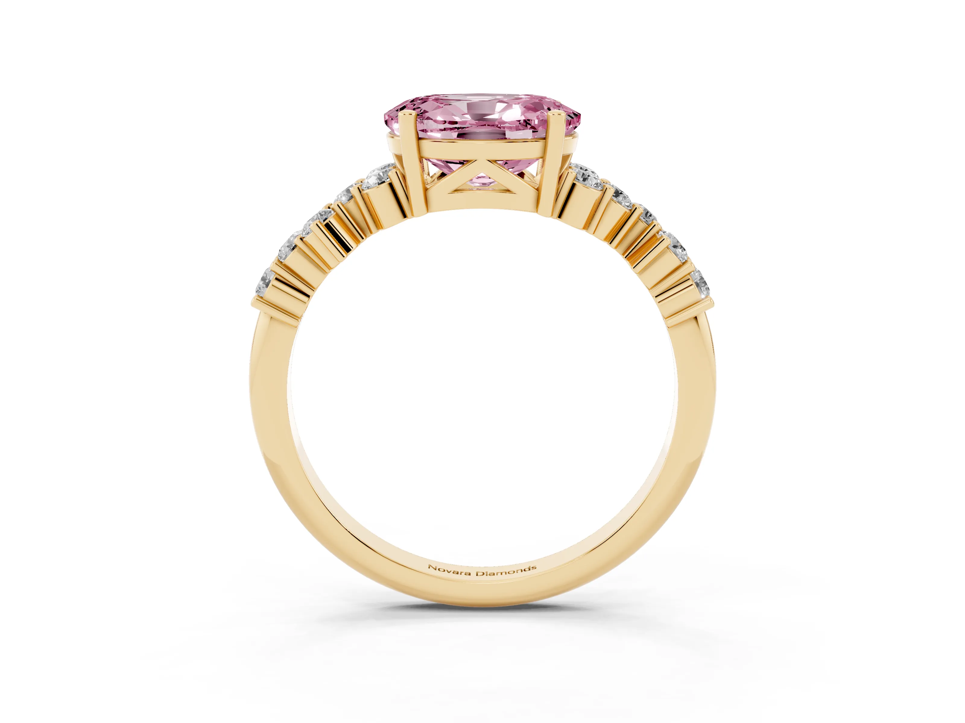 Fancy Pink Oval Cut Diamond Ring Set in Yellow gold with Scattered Round Accents