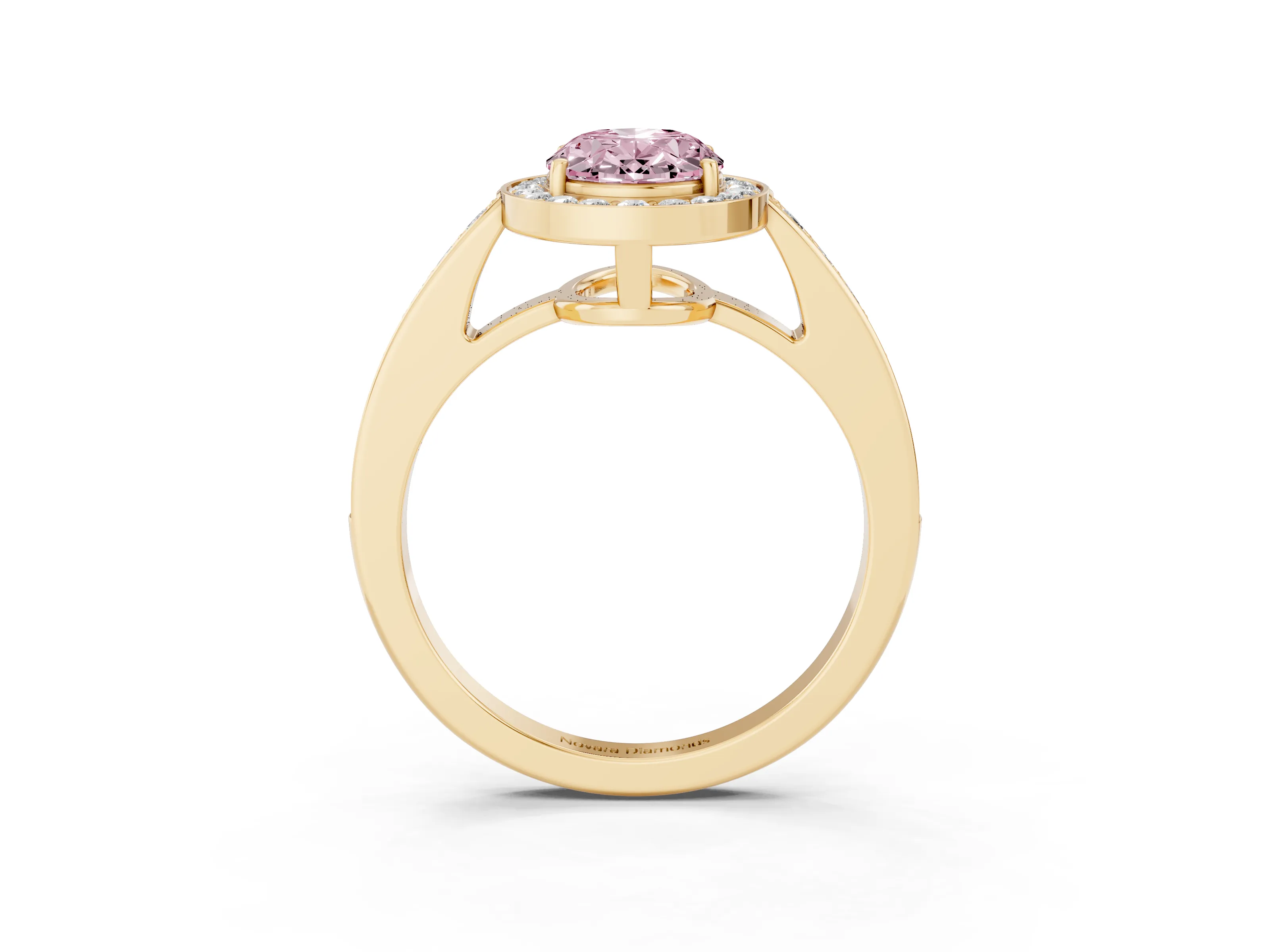 Fancy Pink Oval Cut Diamond Halo Pavé Engagement Ring Set in Yellow gold with Bezel Setting