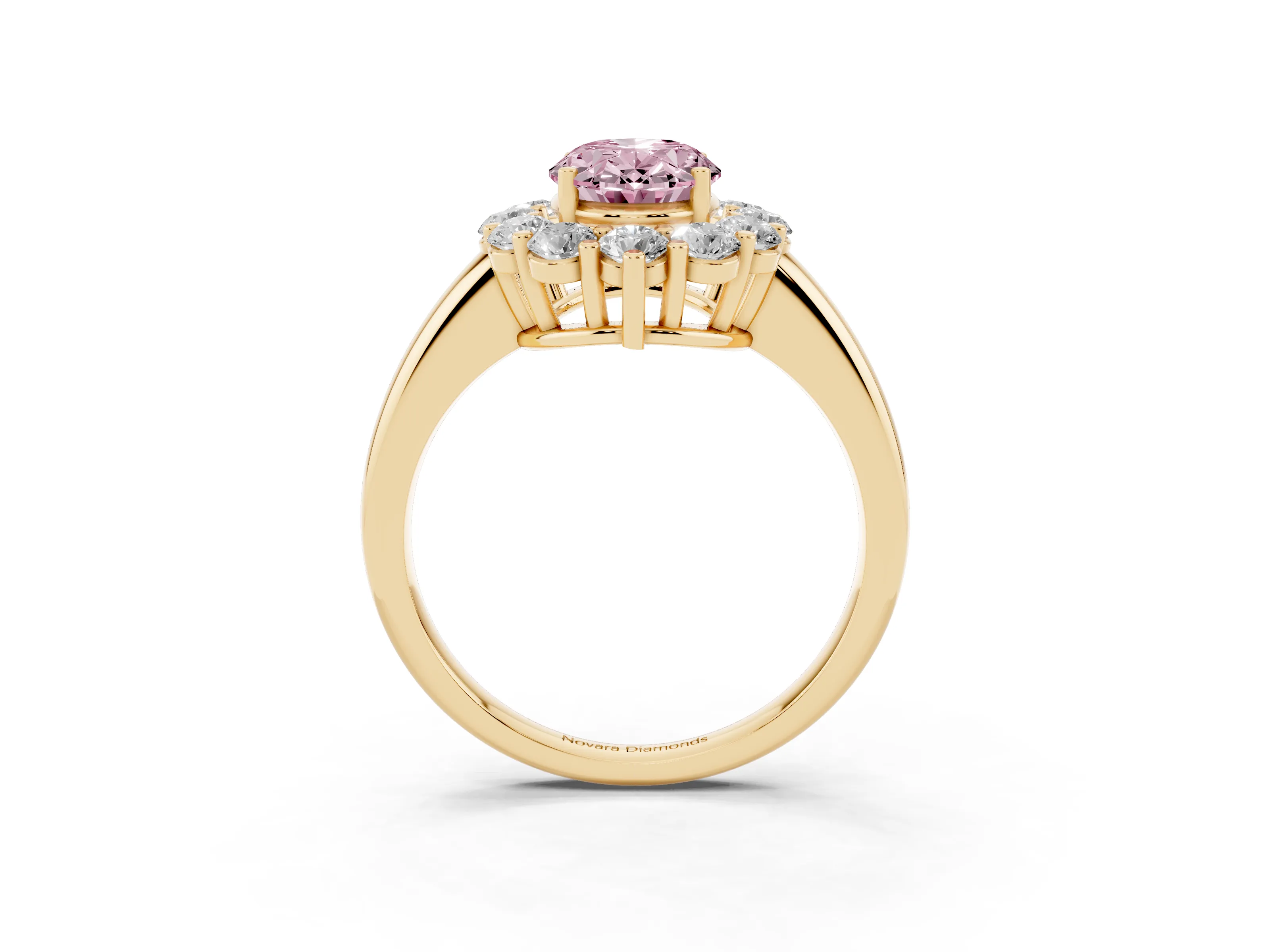 Fancy Pink Oval Cut Diamond Halo Cluster Engagement Ring Set in Yellow gold with Polished Band and Prong Setting