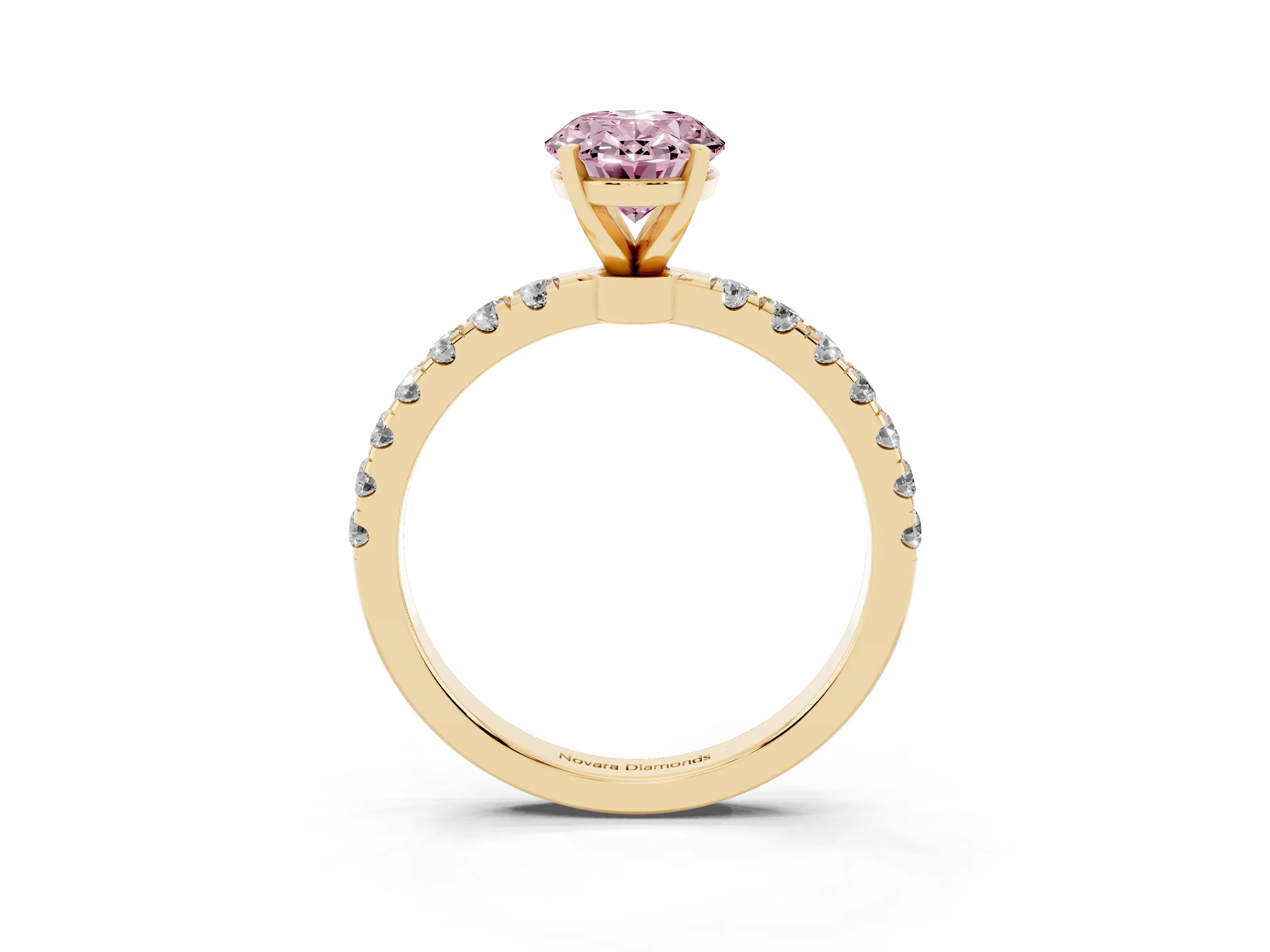 Fancy Pink Oval Cut Diamond Solitaire Ring Set in Yellow gold with Pavé Accents and Prong Setting