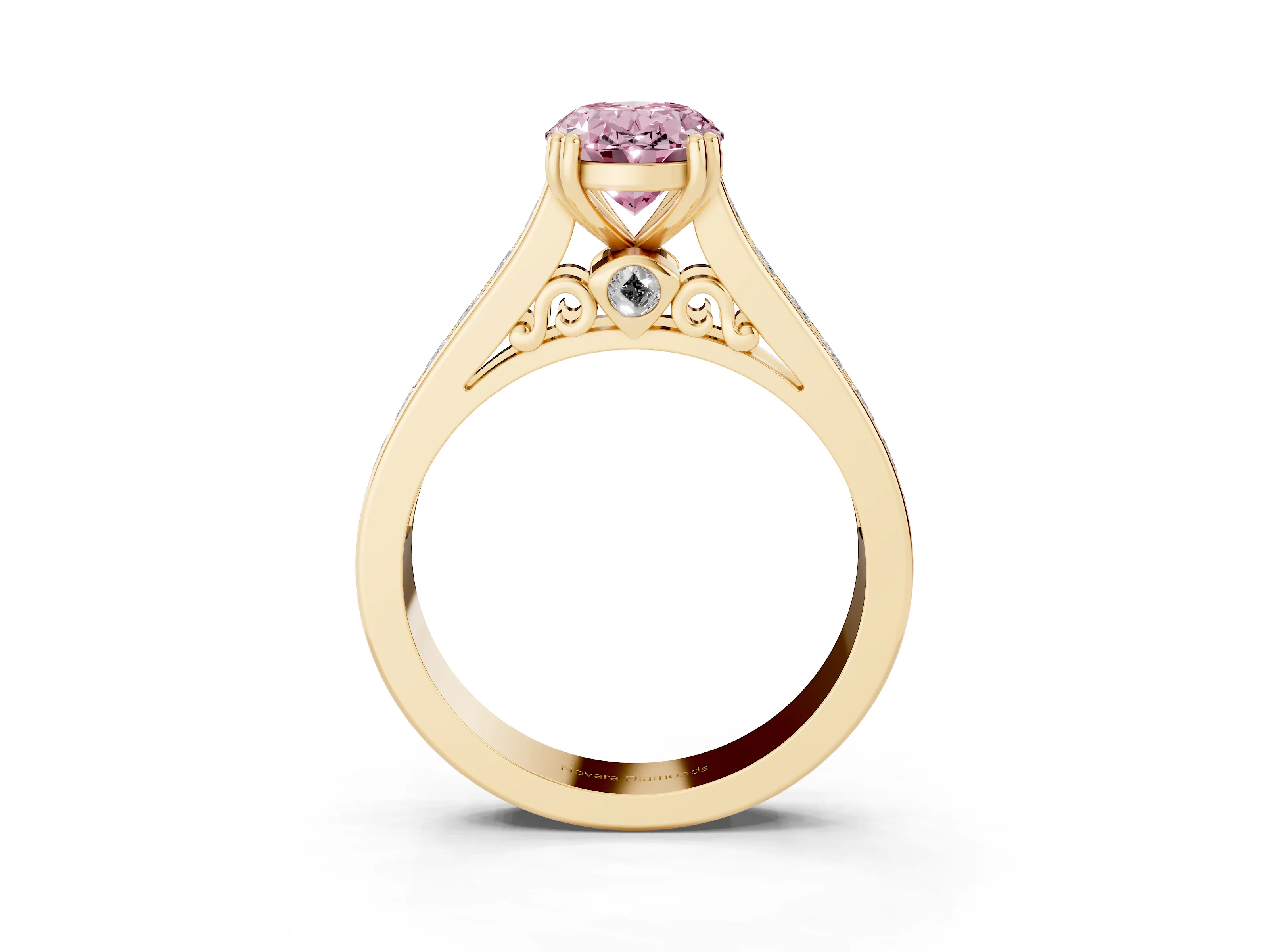 Fancy Pink Oval Cut Diamond Channel Set Solitaire Engagement Ring Set in Yellow gold with Prong Setting