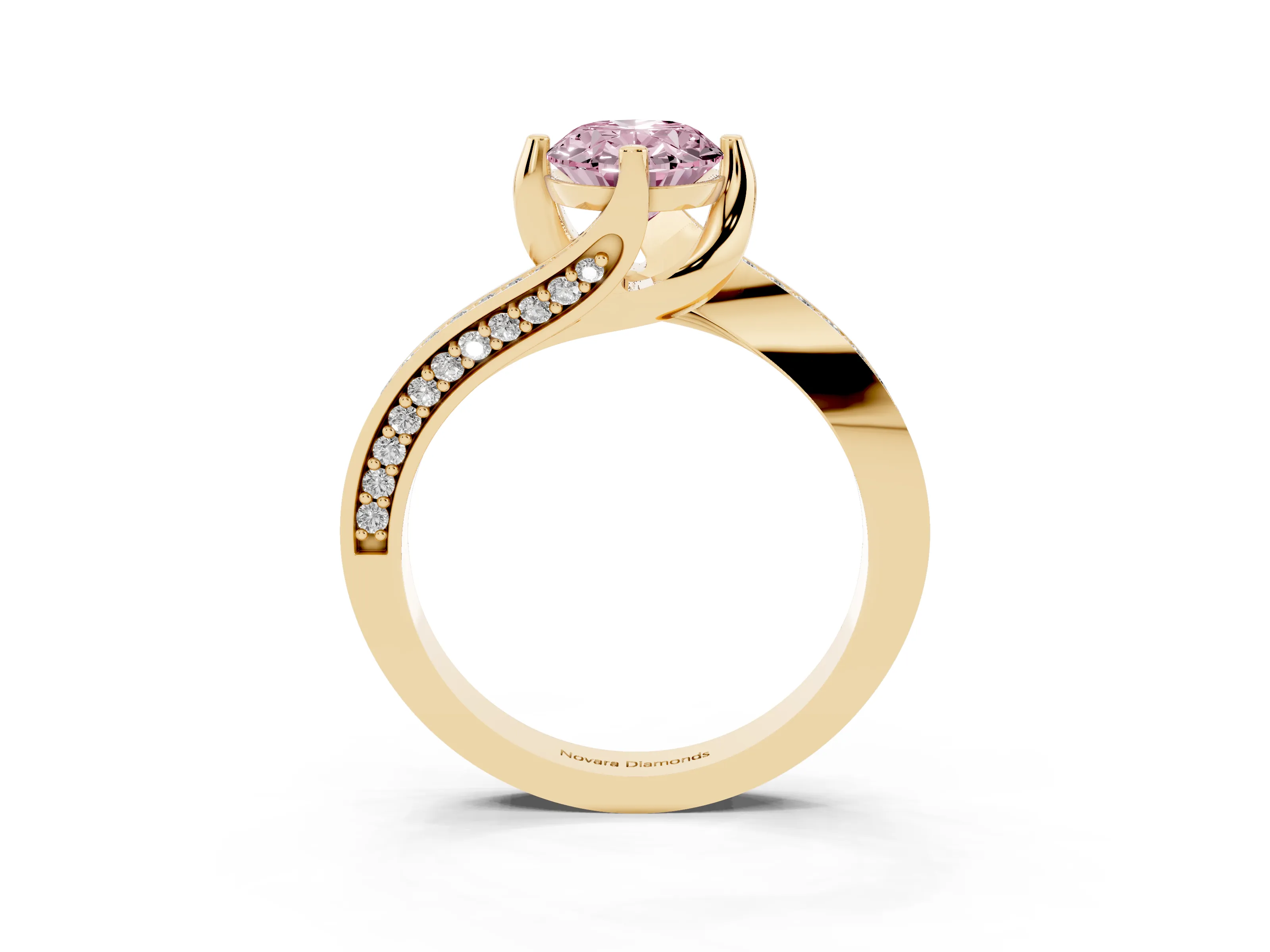 Fancy Pink Oval Cut Diamond Solitaire Ring Set in Yellow gold with Intertwined Pavé Twist Band