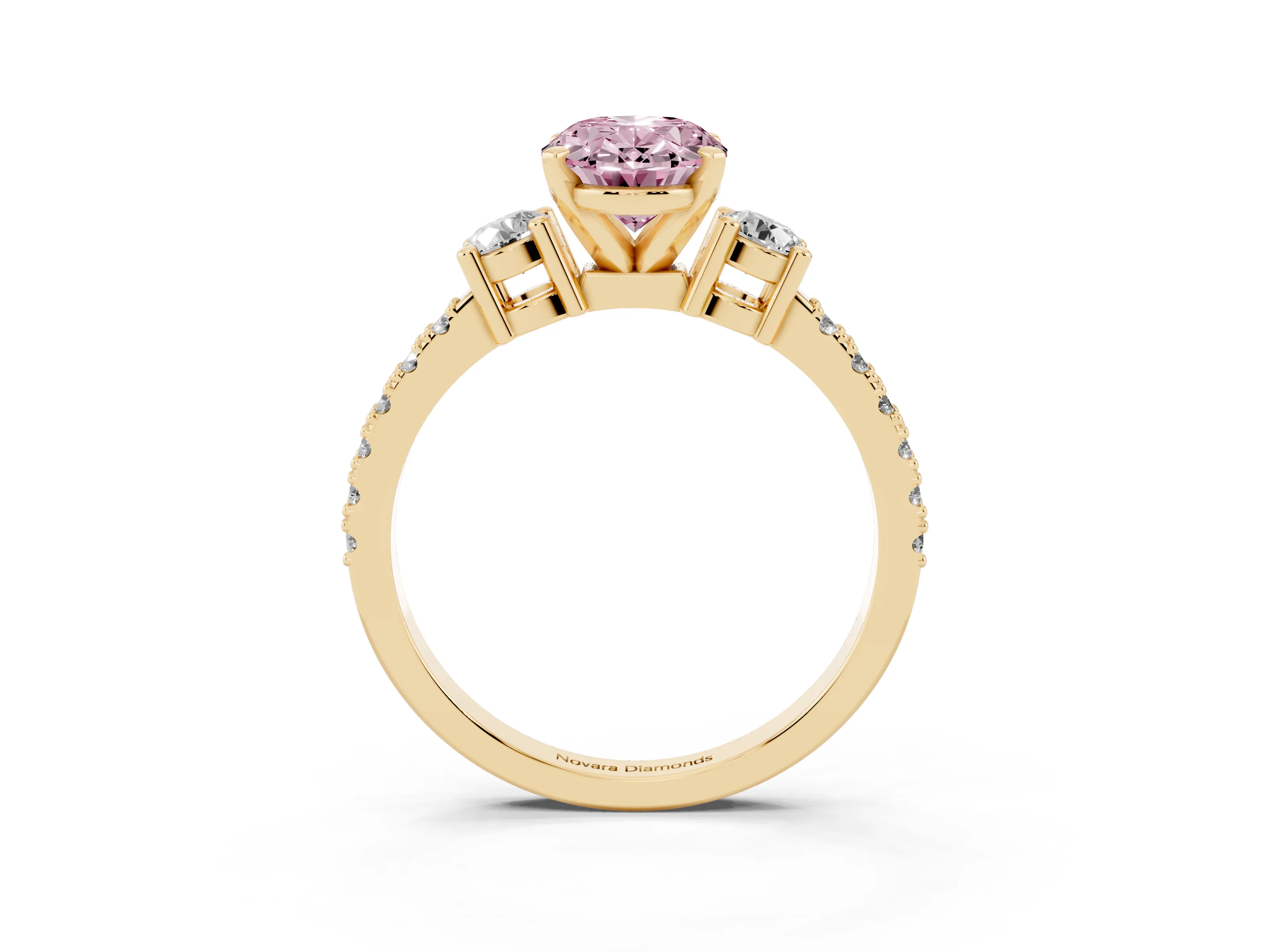 Fancy Pink Three-Stone Oval Cut Diamond Pavé Band Ring Set in Yellow gold with Prong Setting