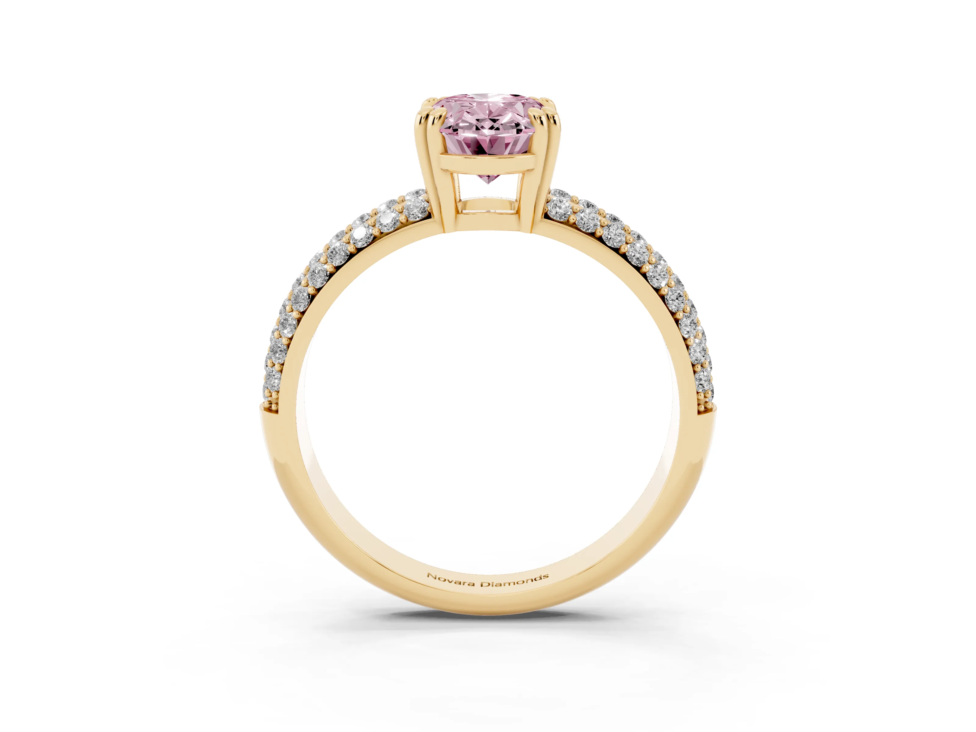 Fancy Pink Oval Cut Diamond Solitaire Ring Set in Yellow gold with Multi-Row Round Pavé Band and Prong Setting