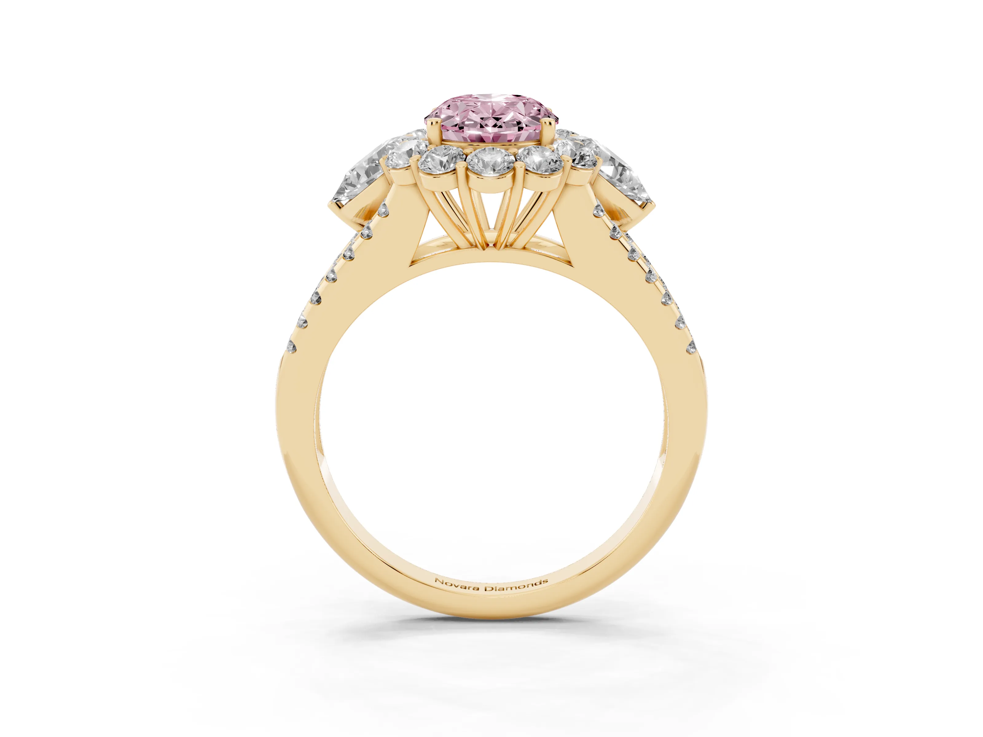 Fancy Pink Oval Cut Diamond Halo Split Shank Engagement Ring Set in Yellow gold with Prong-Held Center Stone