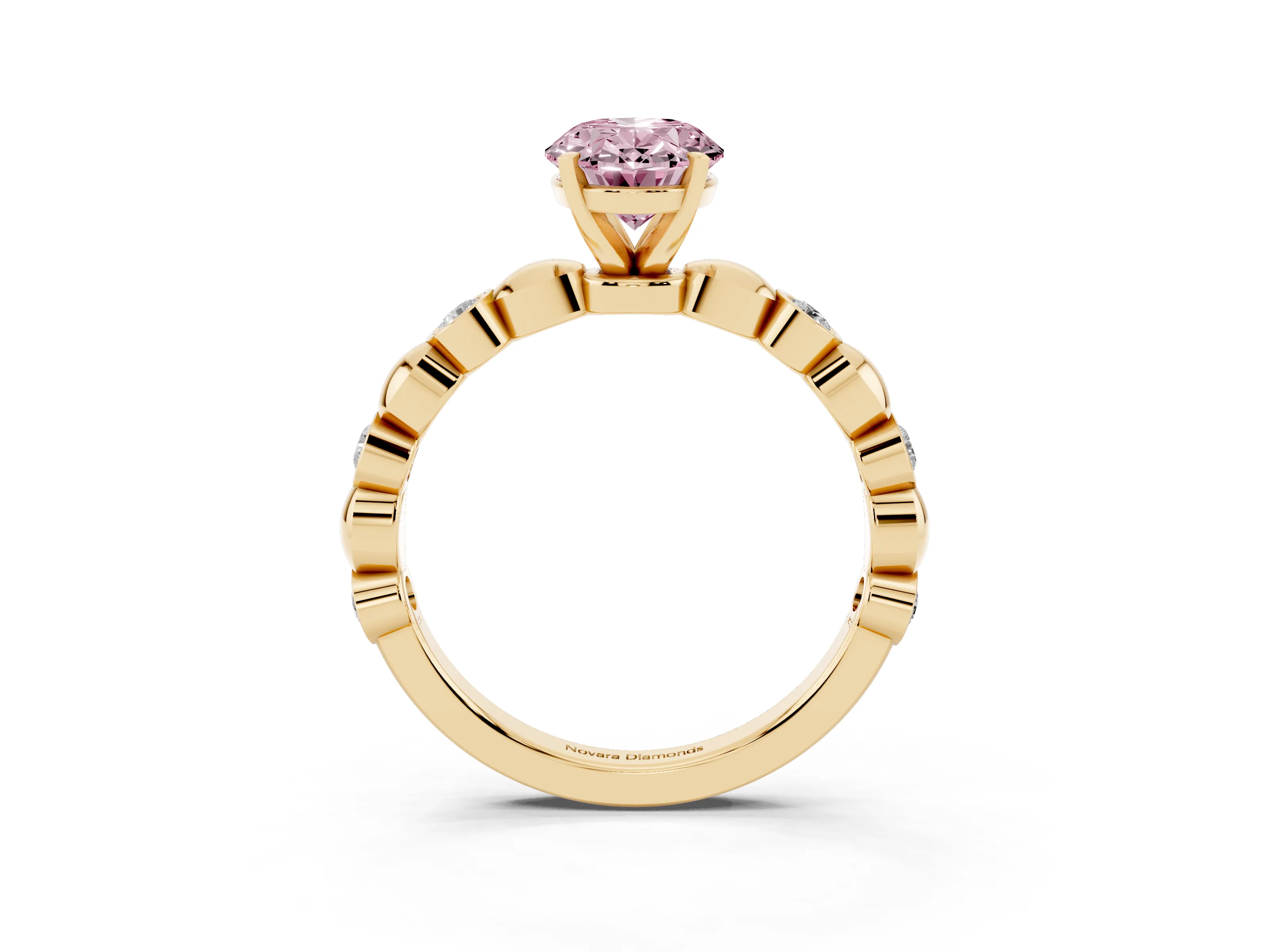 Fancy Pink Oval Cut Diamond Solitaire Ring Set in Yellow gold with Bezel-Set Accents on Beaded Band and Prong Setting
