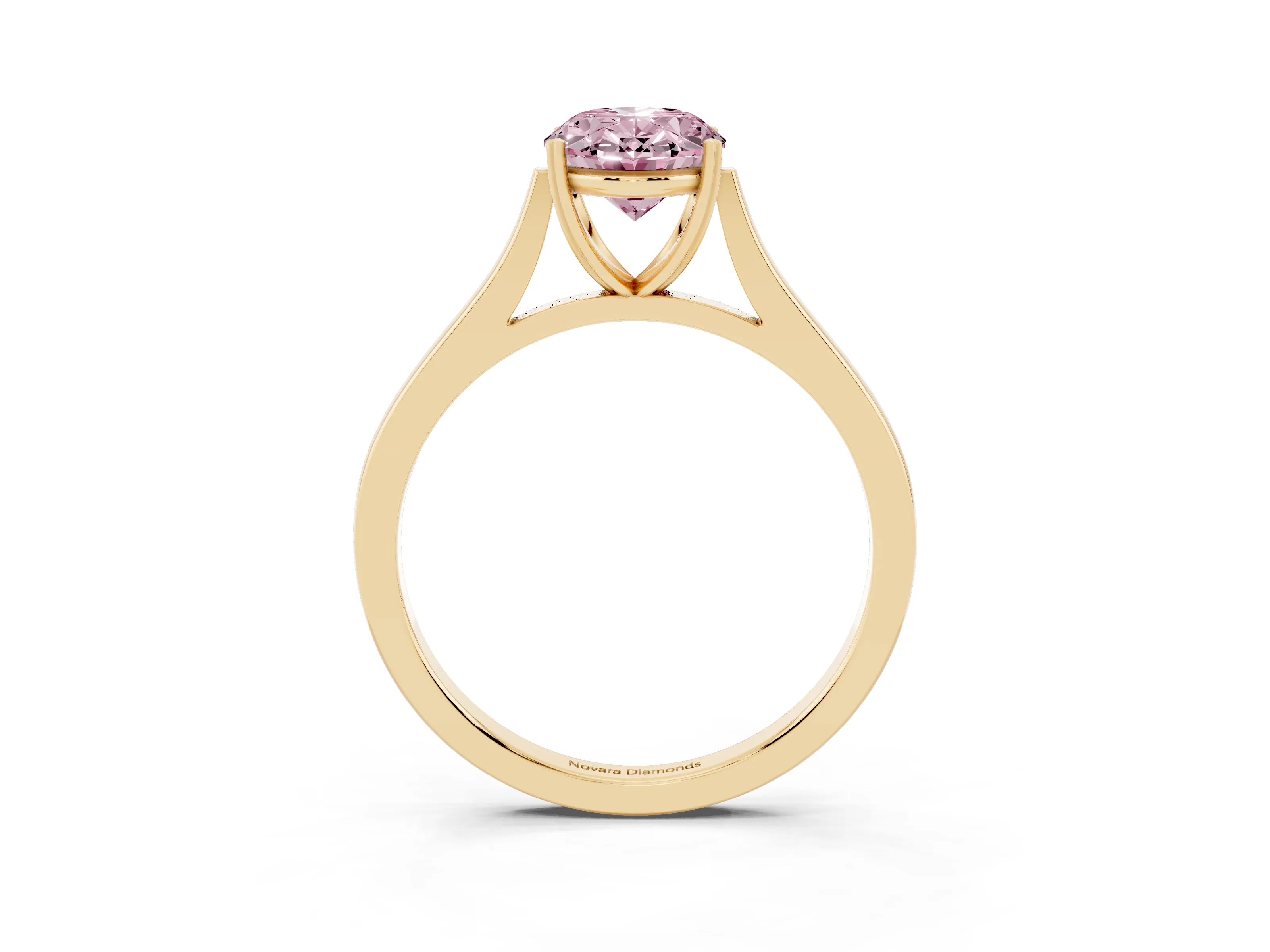 Fancy Pink Oval Cut Diamond Solitaire Heart Prong Engagement Ring Set in Yellow gold with Tapered Band