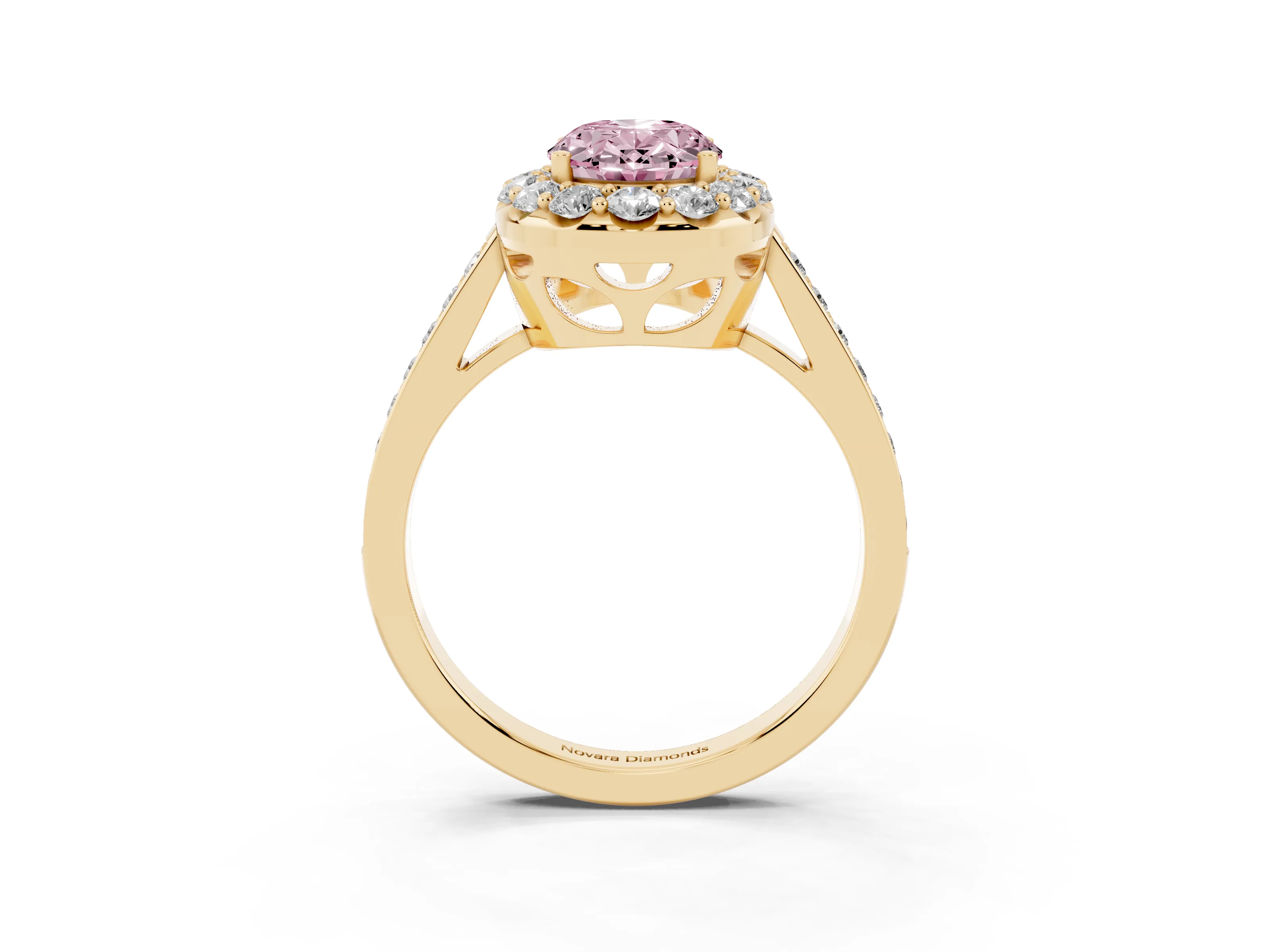 Fancy Pink Oval Cut Diamond Floral Halo Ring Set in Yellow gold with Pavé Band and Prong Setting