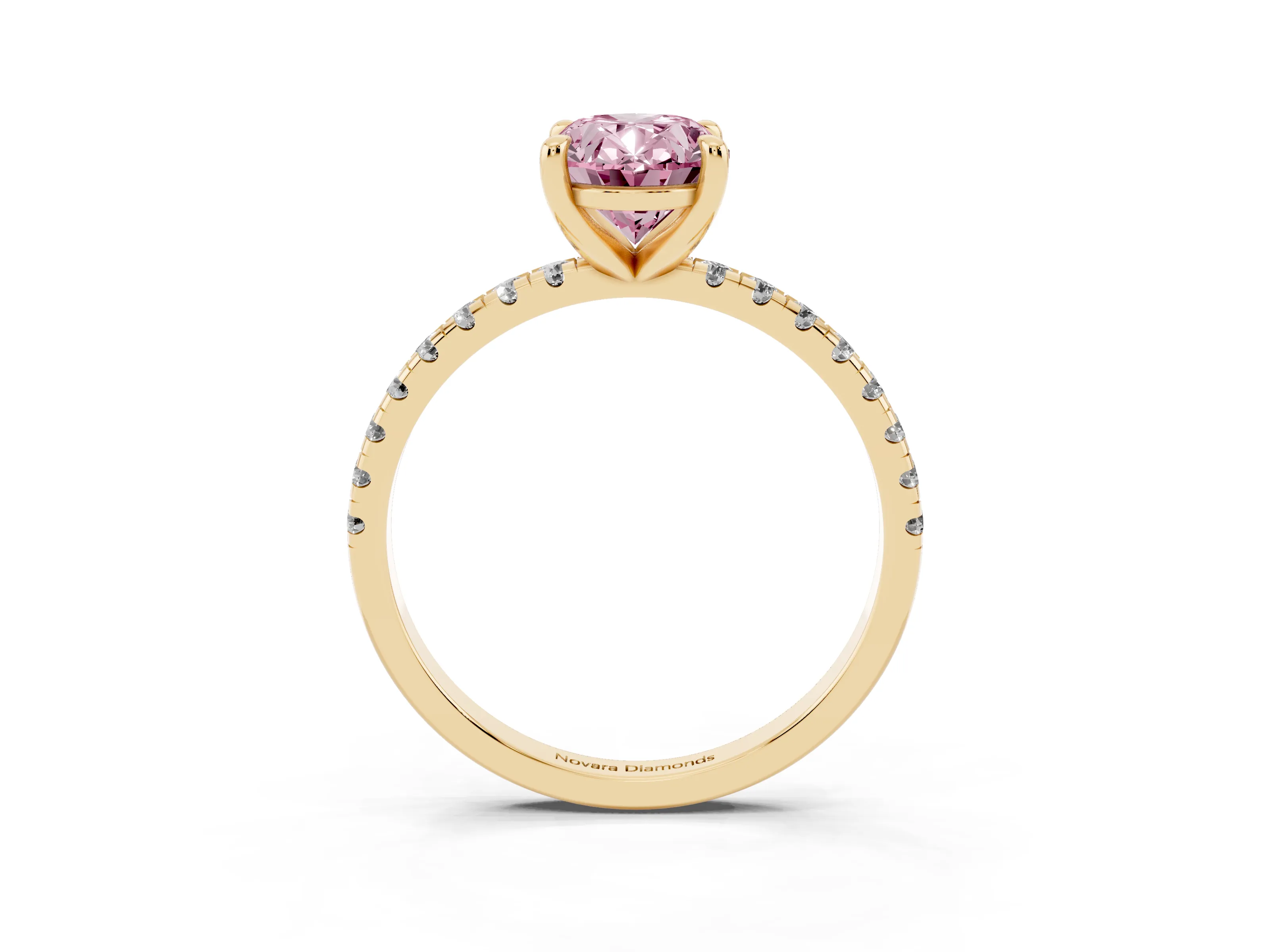 Fancy Pink Oval Cut Diamond Brilliant Solitaire Ring Set in Yellow gold with Pavé Band and Prong Setting
