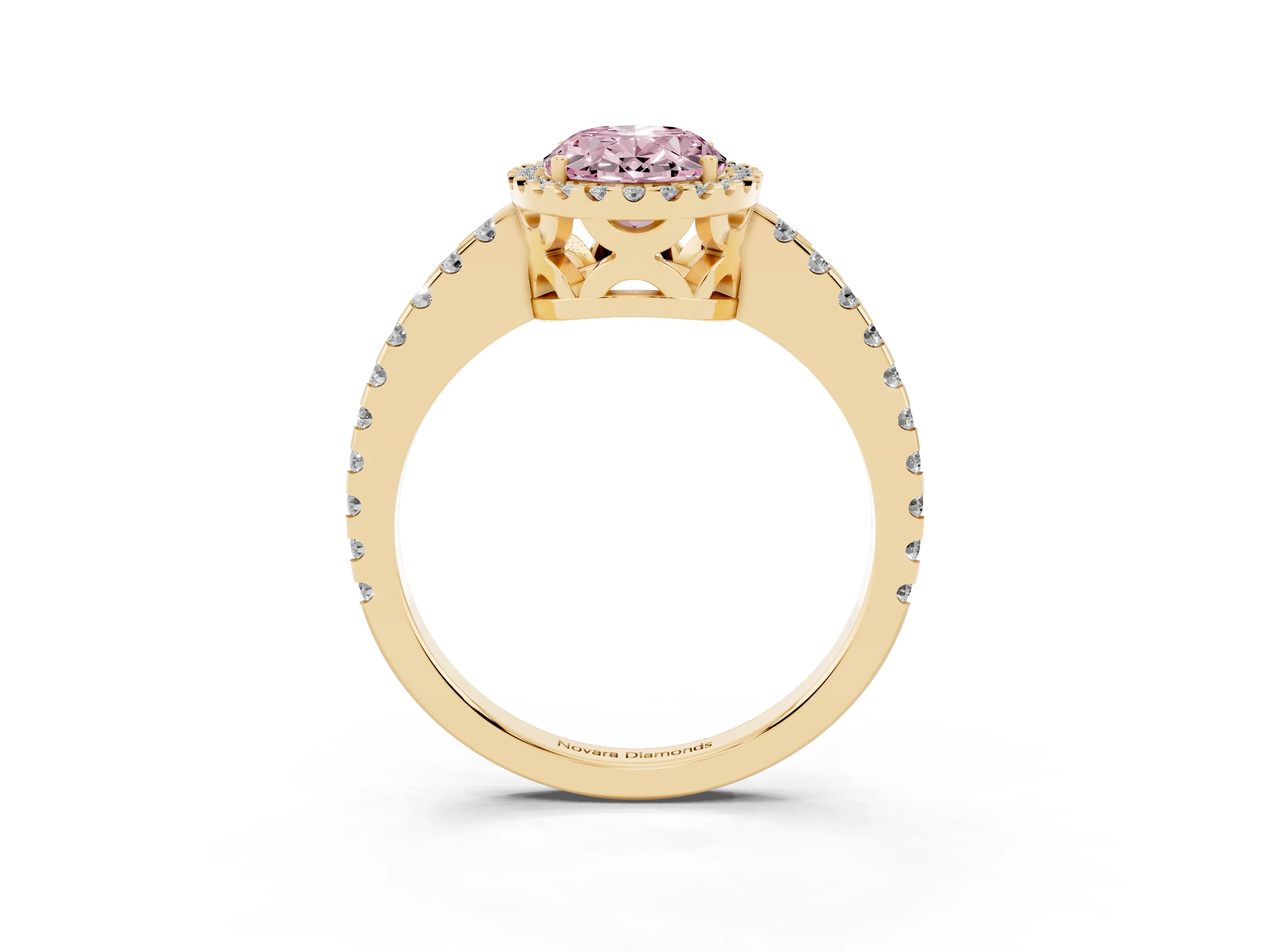 Fancy Pink Oval Cut Diamond Halo Ring Set in Yellow gold with Pavé Shoulders and Halo-Framed Center