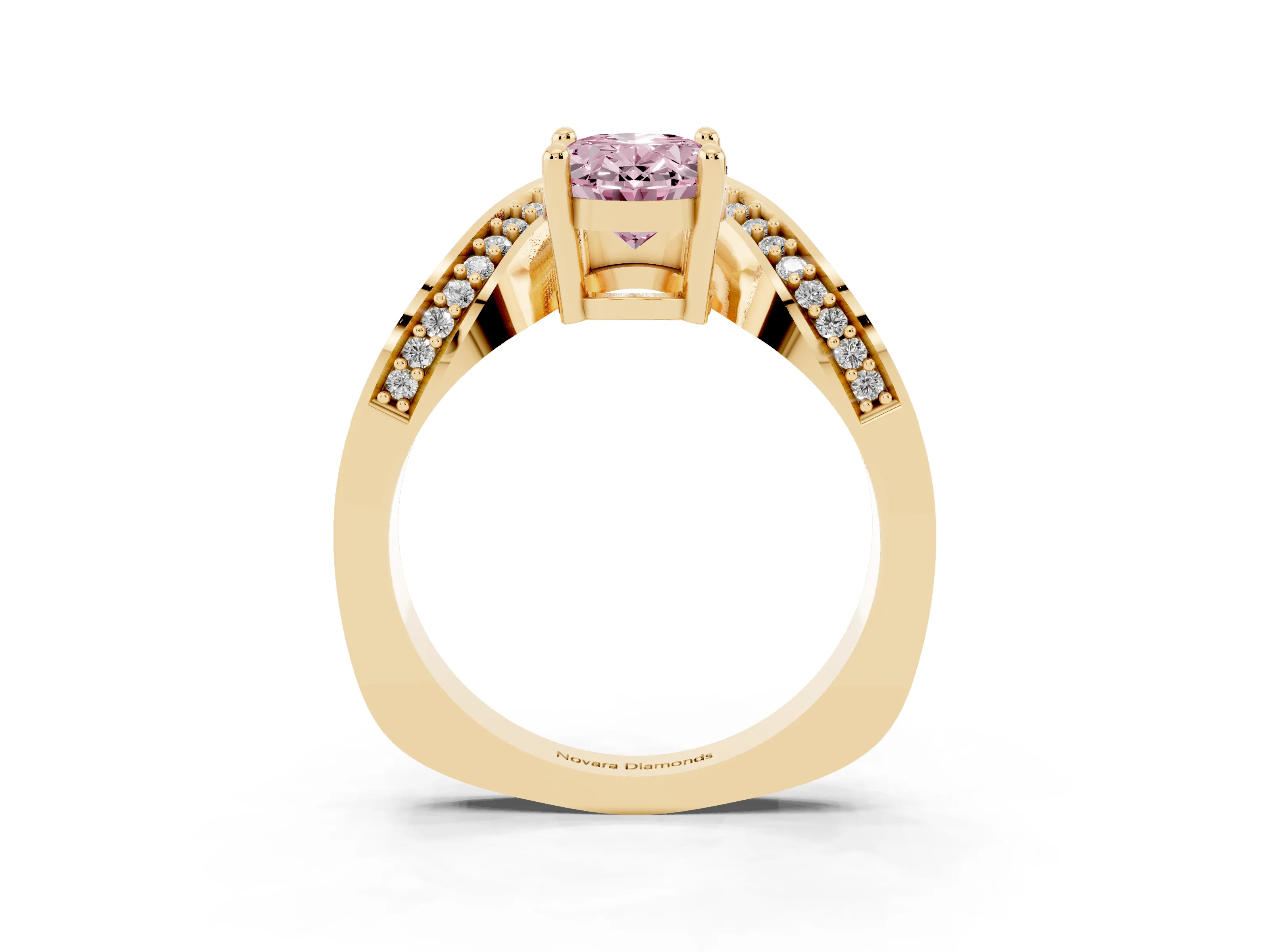 Fancy Pink Oval Cut Diamond Solitaire Engagement Ring Set in Yellow gold with Pavé Shoulders
