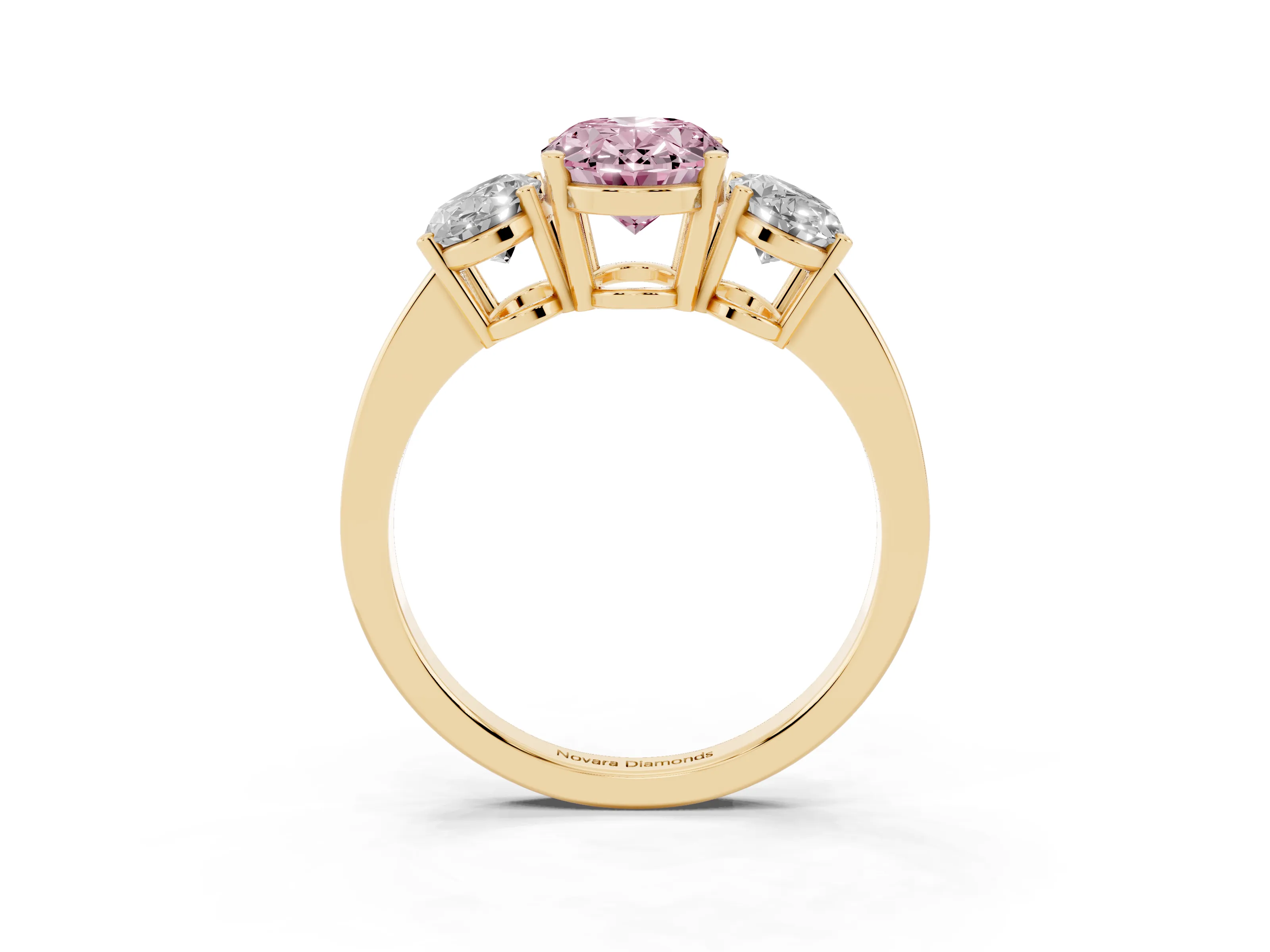Fancy Pink Oval Cut Diamond Three-Stone Engagement Ring Set in Yellow gold with Flat Band