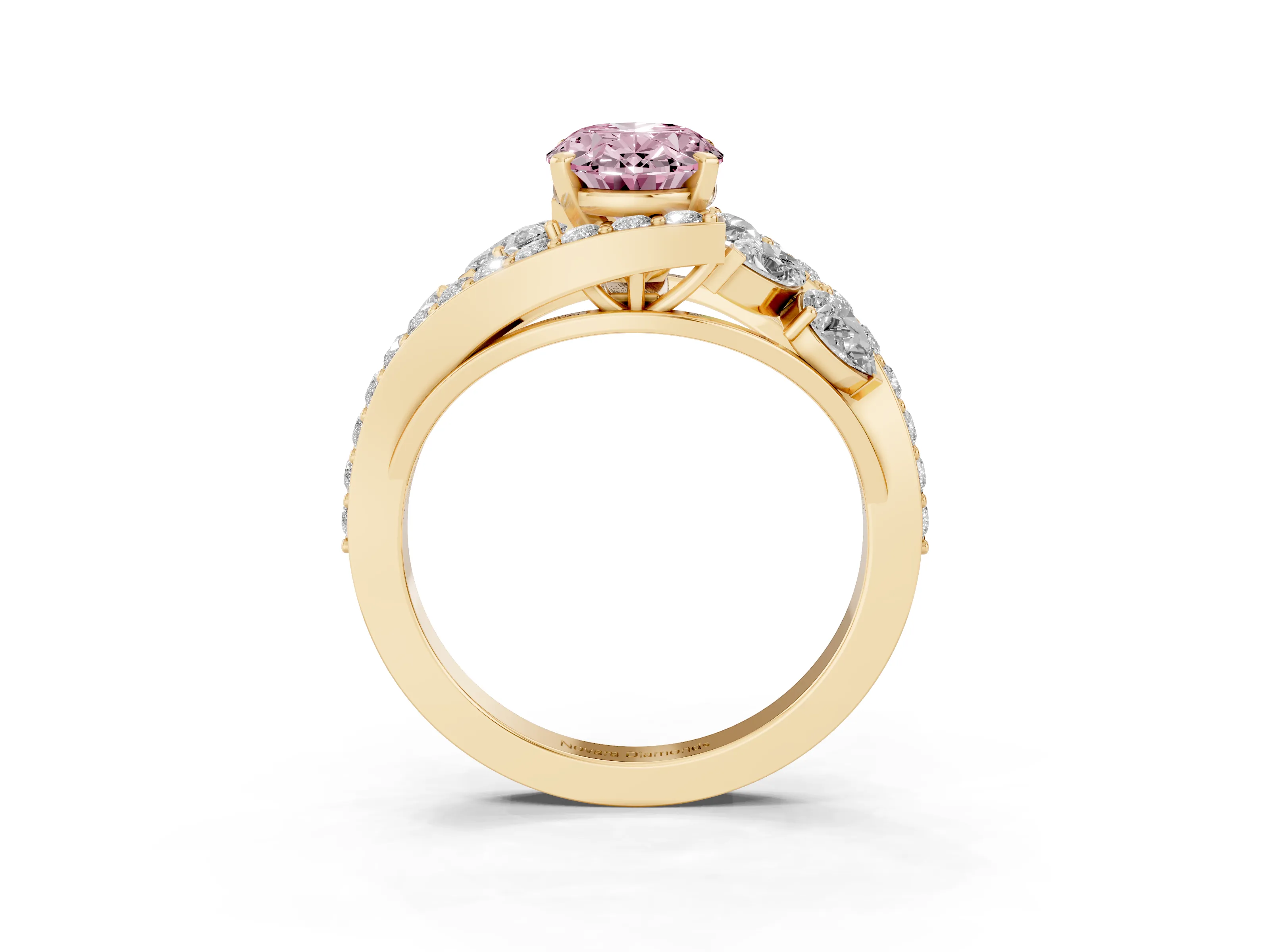 Fancy Pink Oval Cut Diamond Halo Ring Set in Yellow gold with Marquise and Pavé Band in Prong Setting