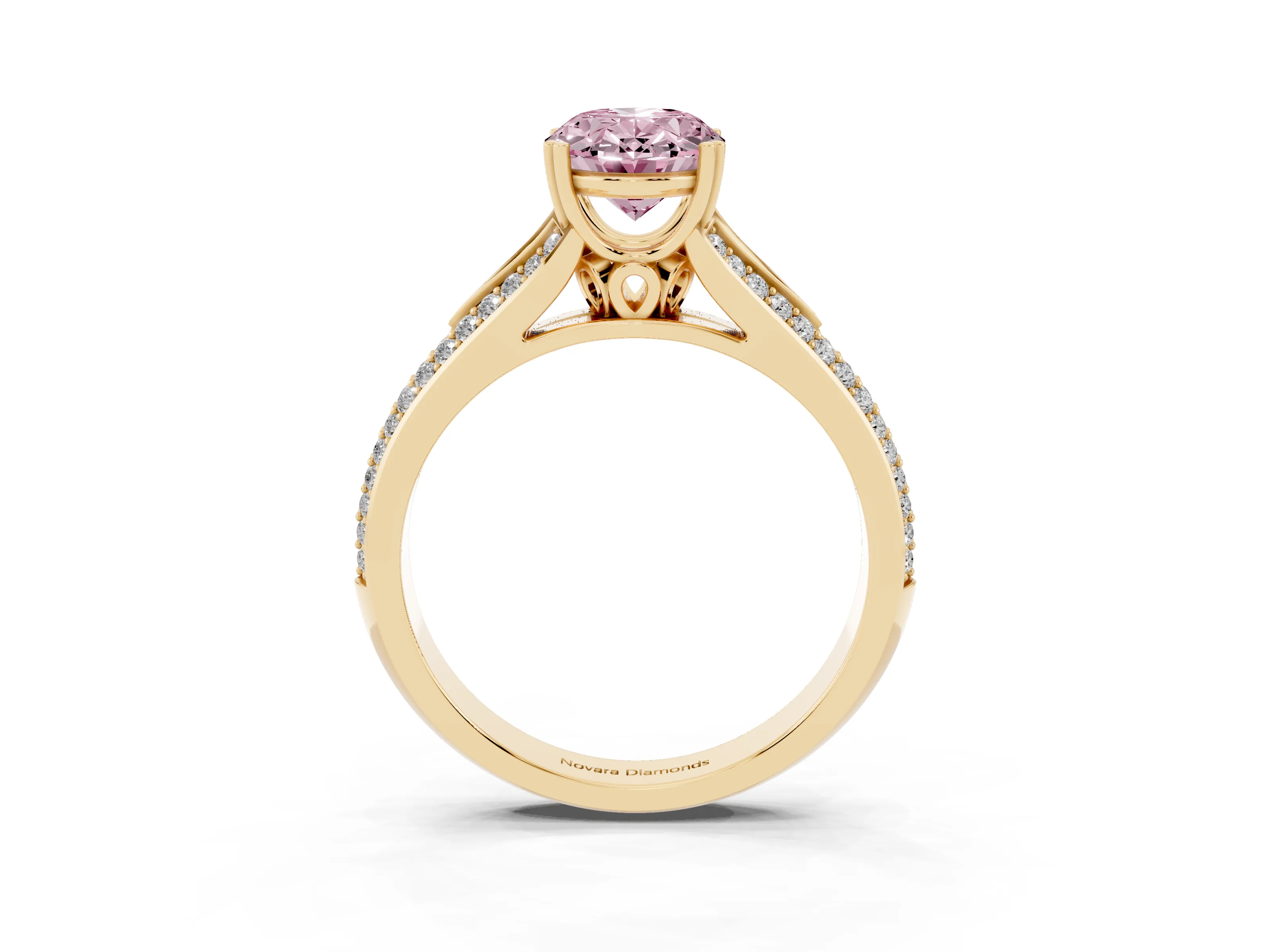 Fancy Pink Oval Cut Diamond Split Shank Pavé Engagement Ring Set in Yellow gold with Prong-Set Center Stone