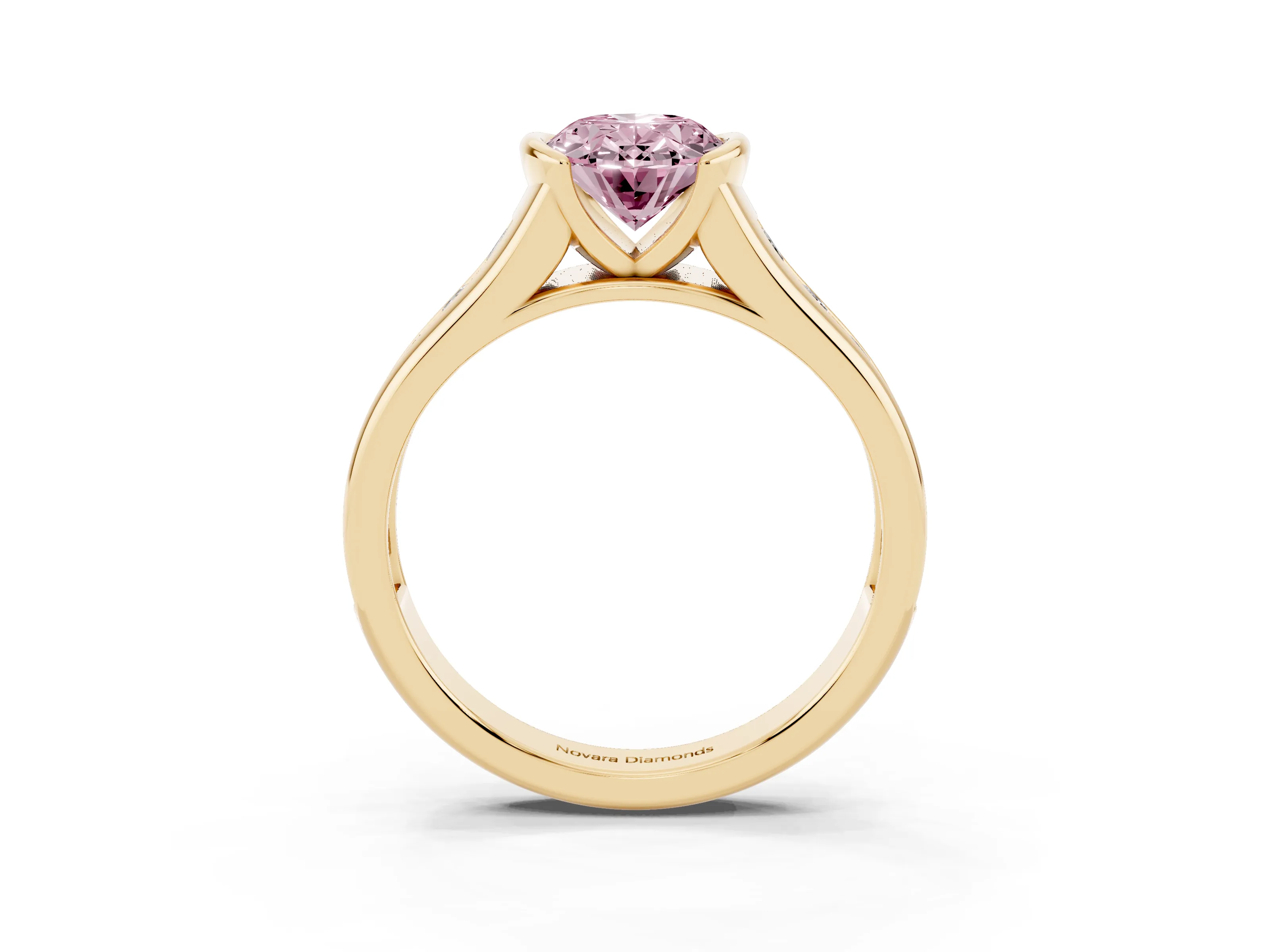 Fancy Pink Oval Cut Diamond Bezel-Set Solitaire Ring Set in Yellow gold with Channel-Set Band