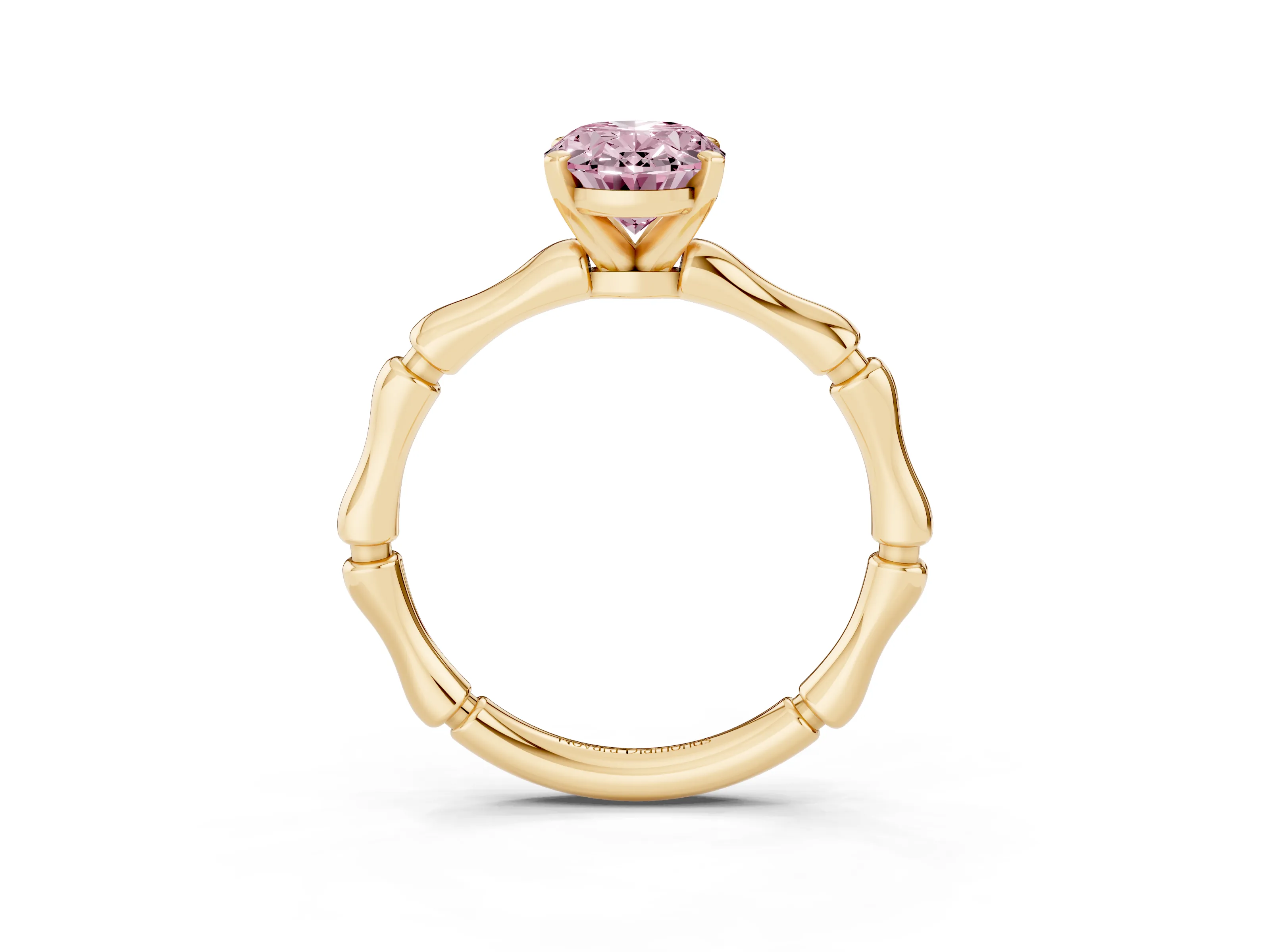 Fancy Pink Oval Cut Diamond Solitaire Ring Set in Yellow gold with Bamboo Band and Prong Setting