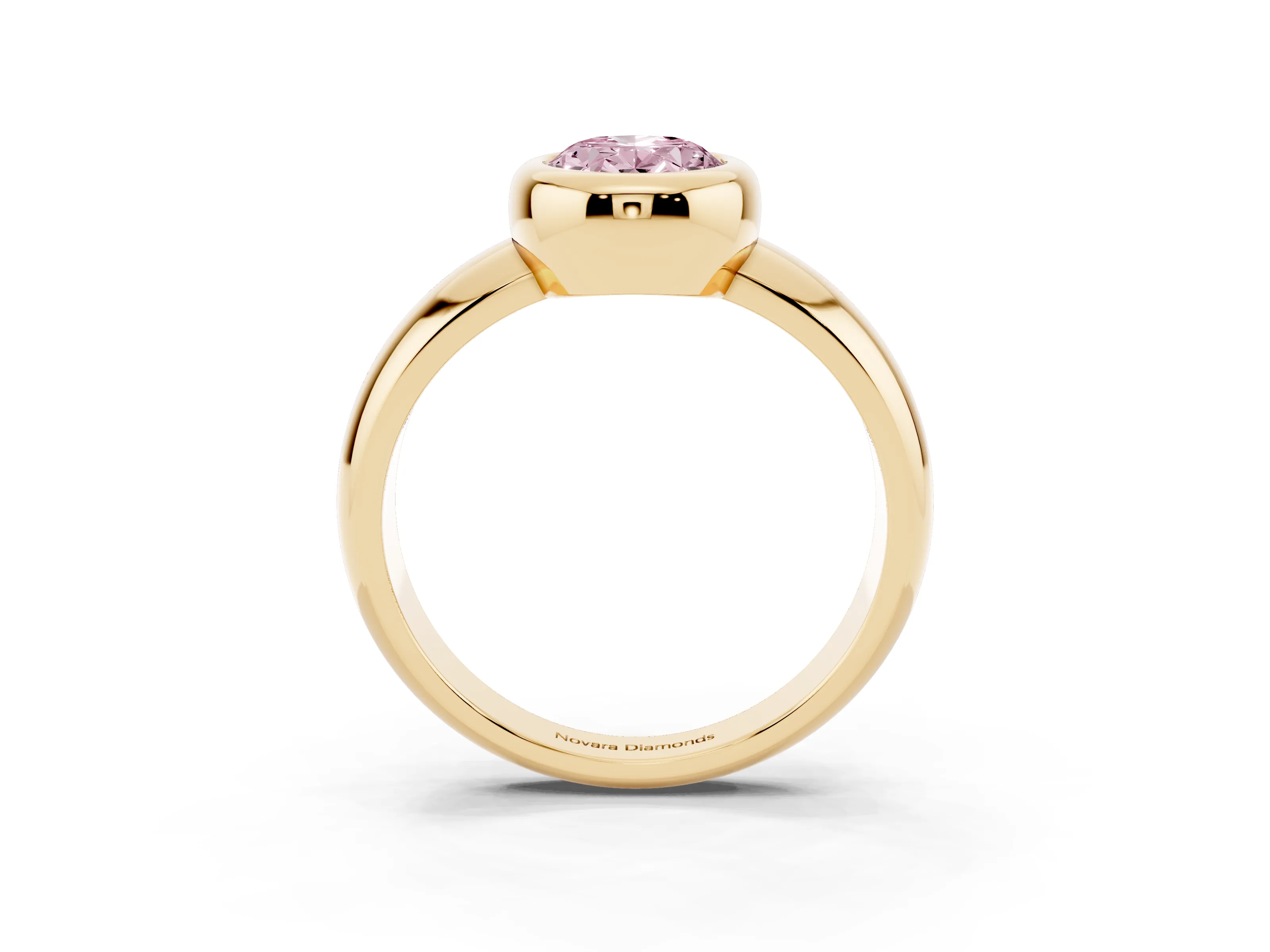 Fancy Pink Bezel Set Oval Cut Diamond Solitaire Ring Set in Yellow gold with Wide Band