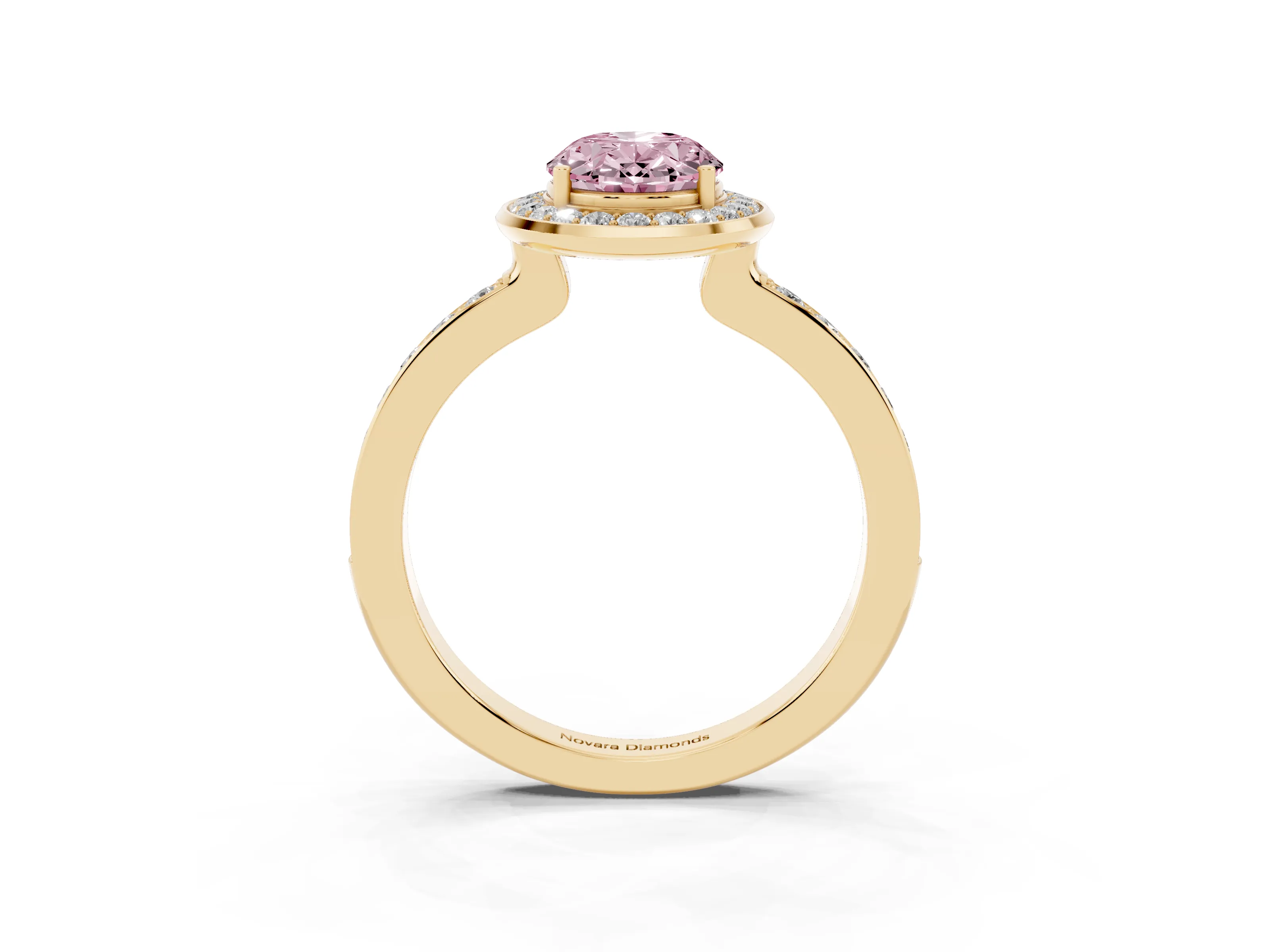 Fancy Pink Oval Cut Diamond Halo Ring Set in Yellow gold with Bezel Frame and Pavé Band