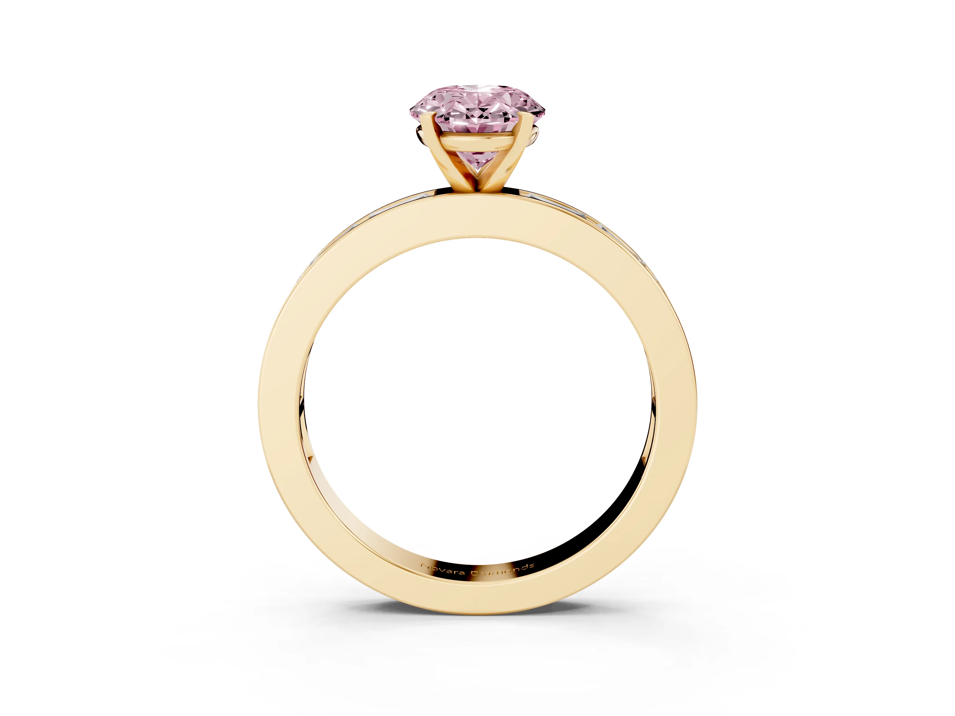 Fancy Pink Oval Cut Diamond Solitaire Ring Set in Yellow gold with Channel-Set Baguette Band and Prong Setting