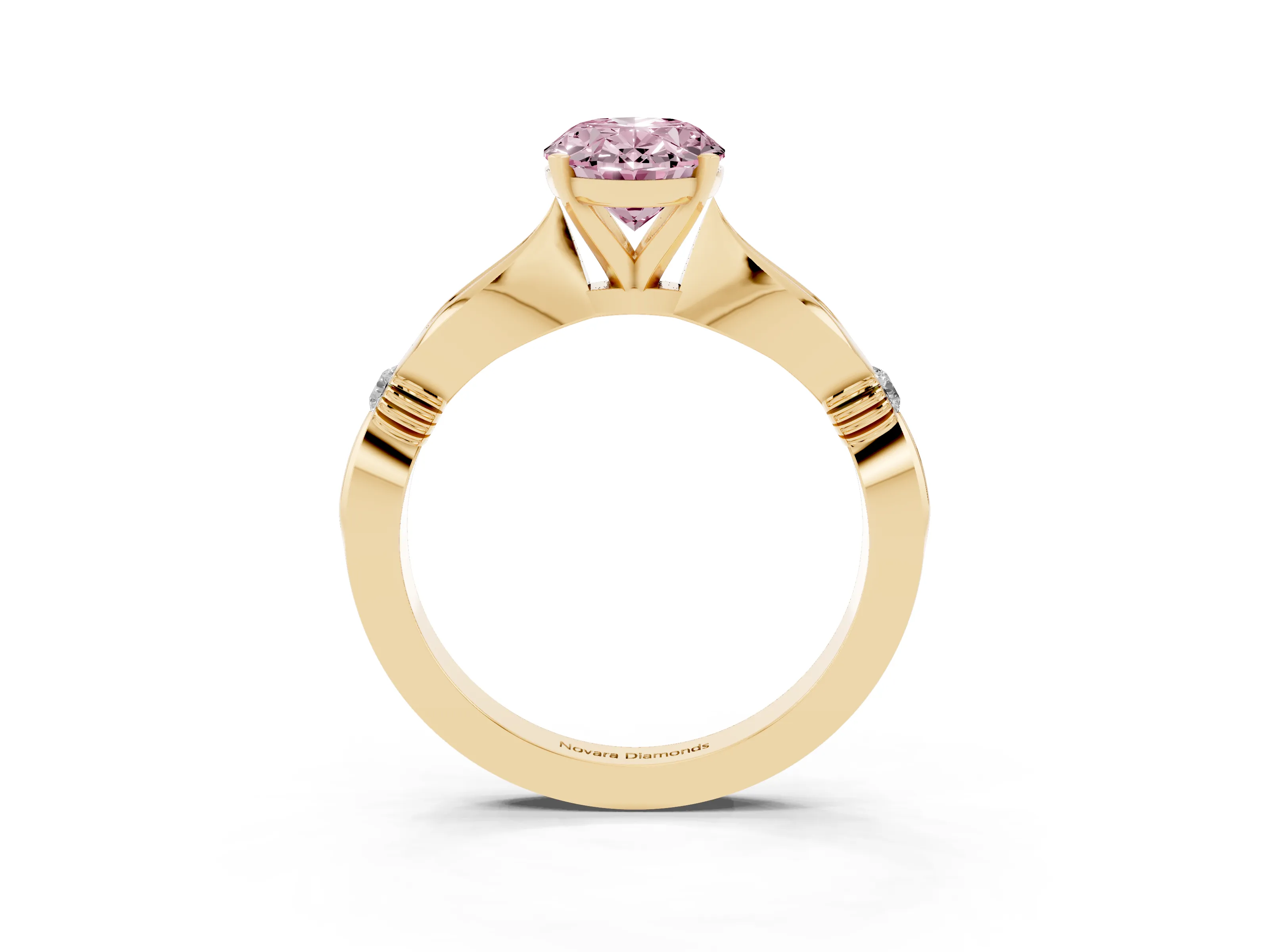 Fancy Pink Oval Cut Diamond Solitaire Twisted Band Ring Set in Yellow gold with Accent Stones and Prong Setting