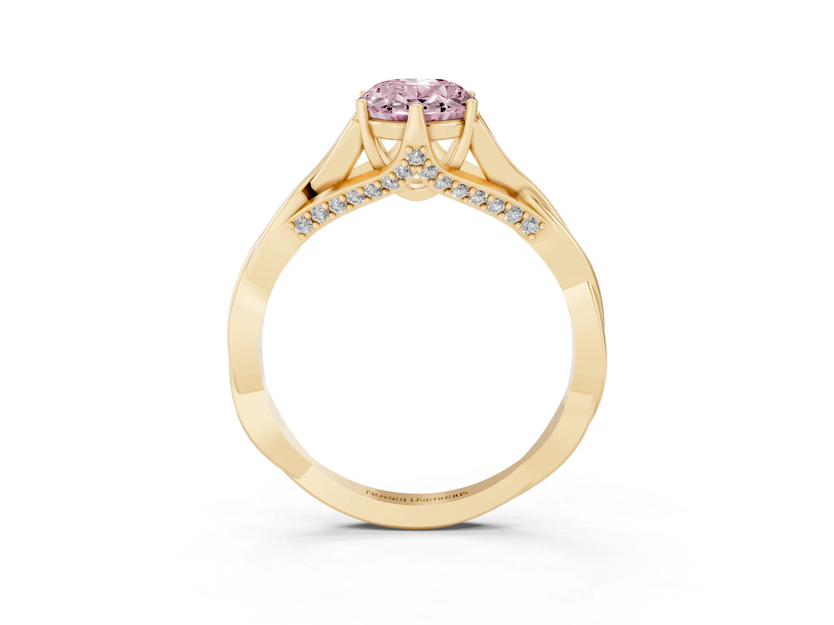 Fancy Pink Oval Cut Diamond Intertwined Twist Band Solitaire Ring Set in Yellow gold with Prong Setting