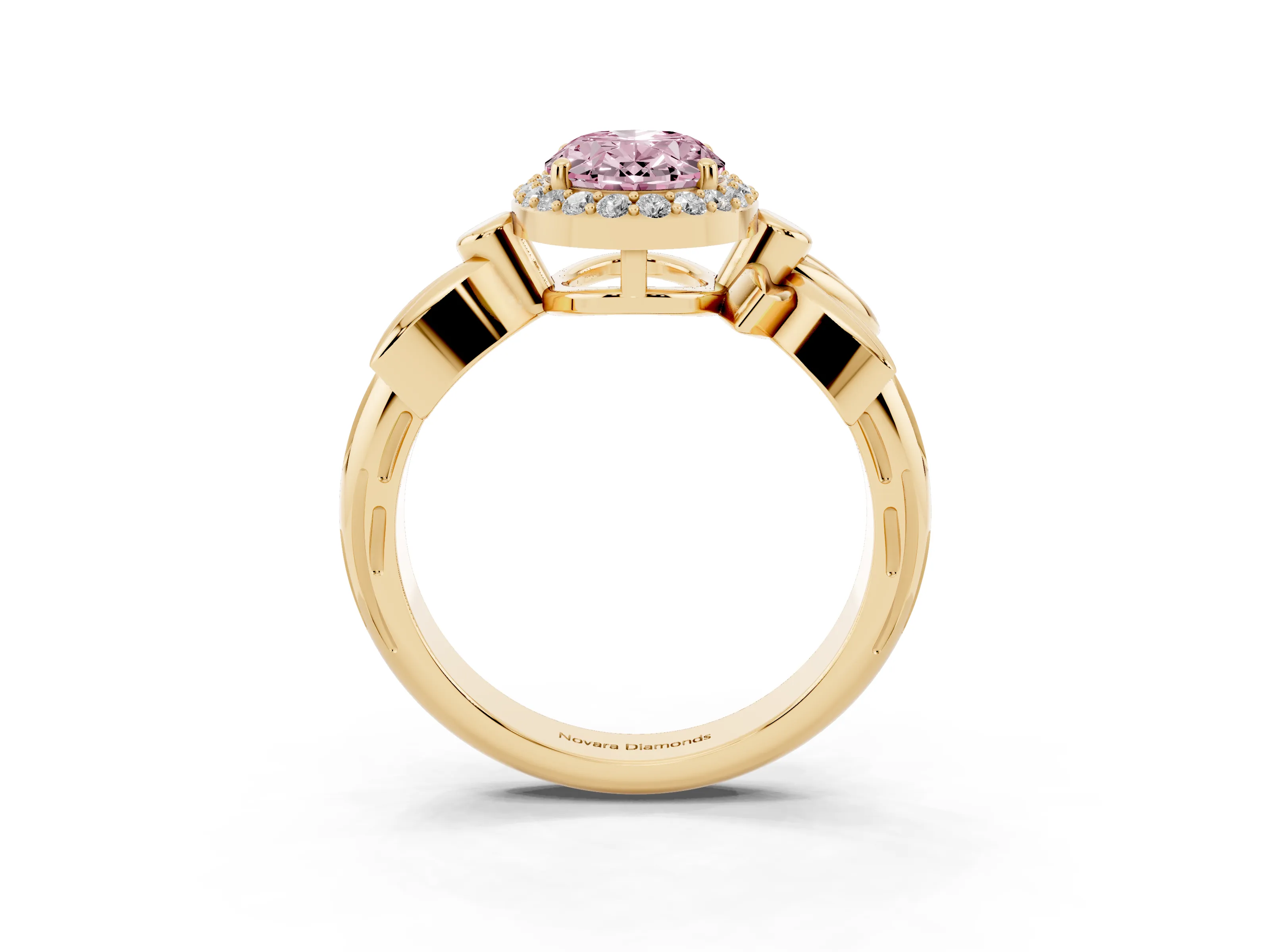 Fancy Pink Oval Cut Diamond Halo Floral Band Ring Set in Yellow gold with Prong Setting