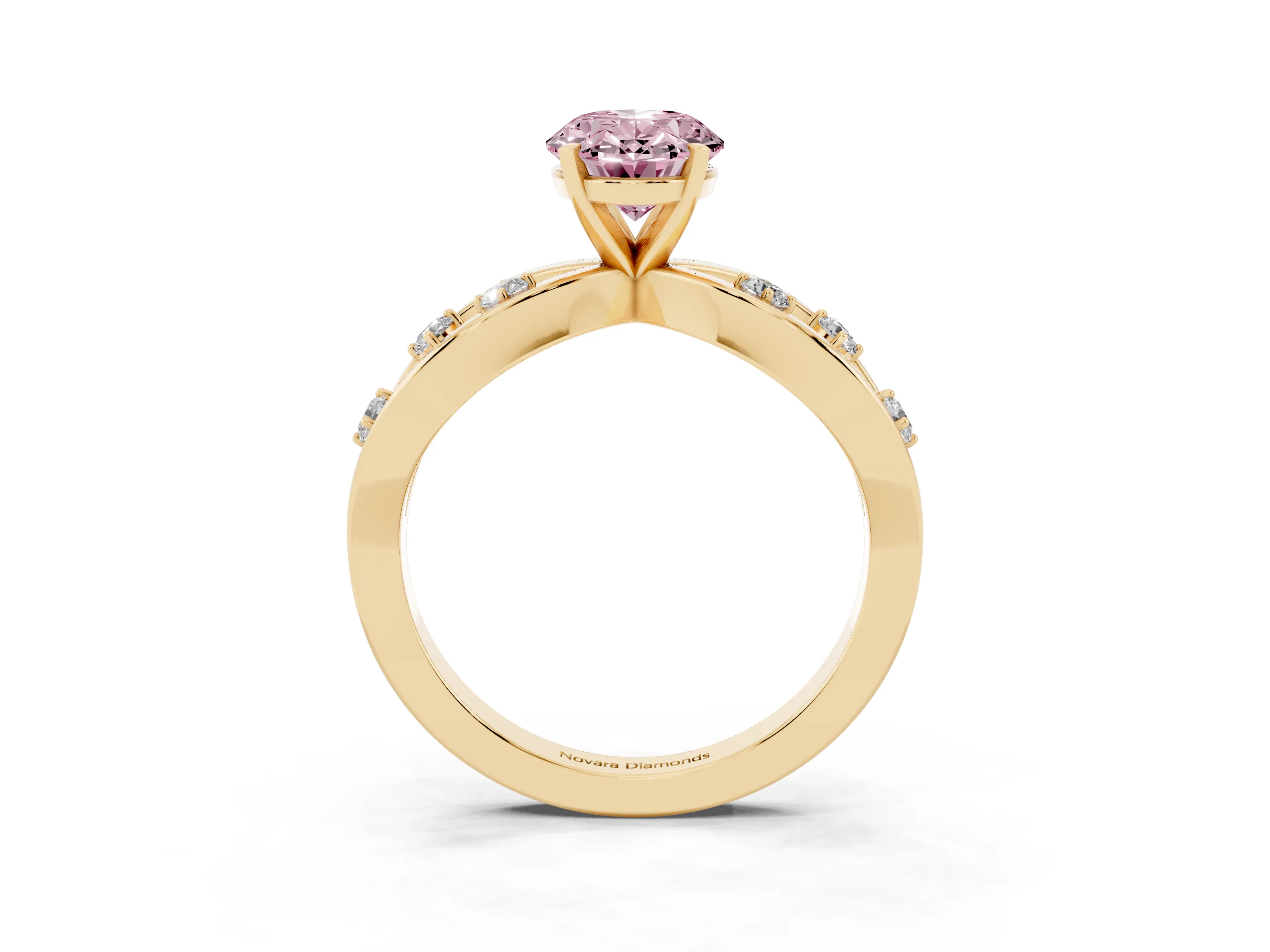 Fancy Pink Oval Cut Diamond Solitaire Ring Set in Yellow gold with Side Stones on Criss-Cross Band and Prong Setting