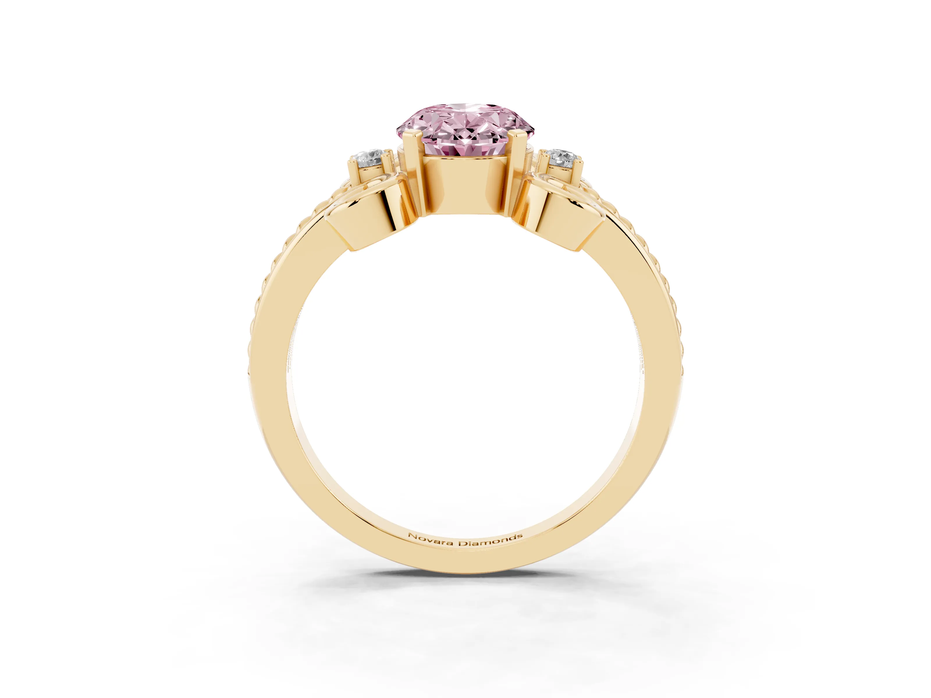 Fancy Pink Oval Cut Diamond Twisted Band Solitaire Ring Set in Yellow gold with Scroll Prongs